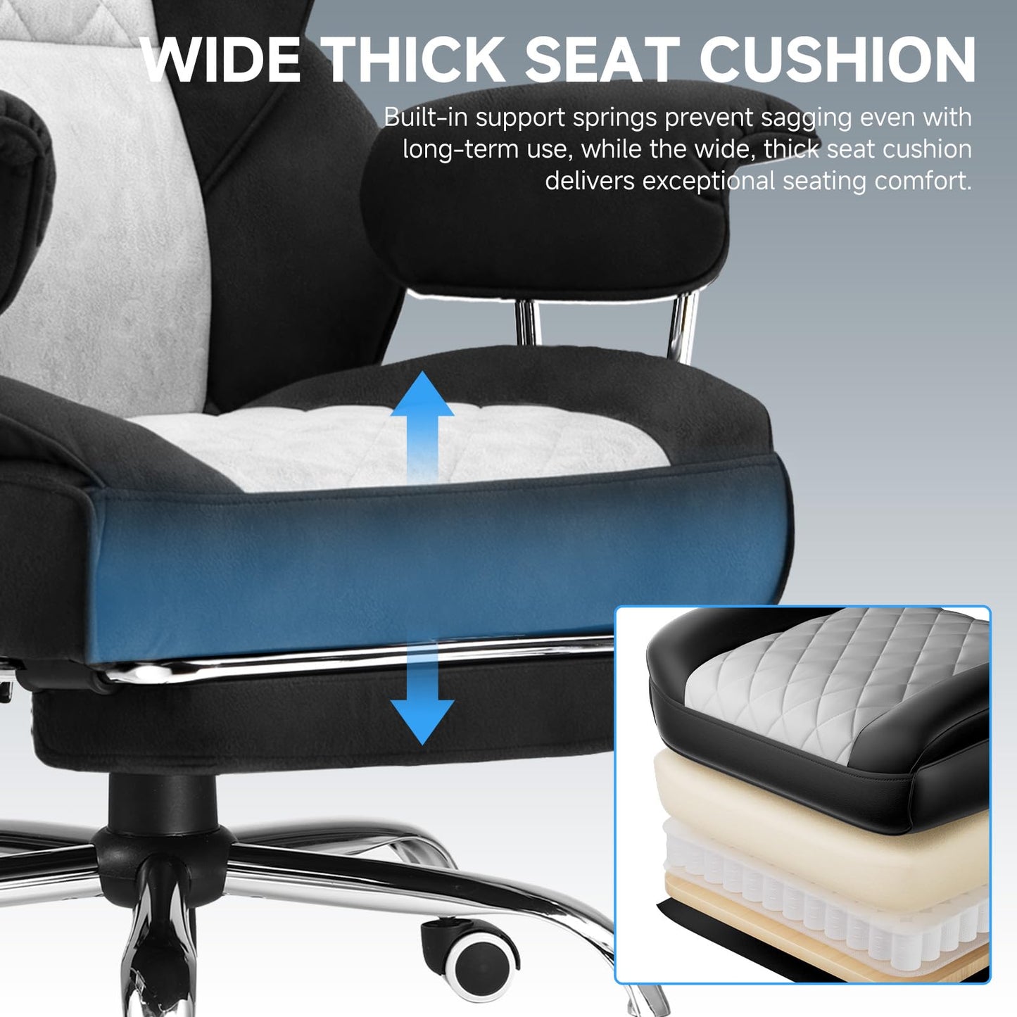 GTPLAYER Gaming Chair,Office Chair with Pocket Spring Lumbar Support, Ergonomic Comfortable Wide Office Desk Computer Chair with Outward Fixed Soft Armrests and Footrest (Fabric, Black & Gray)