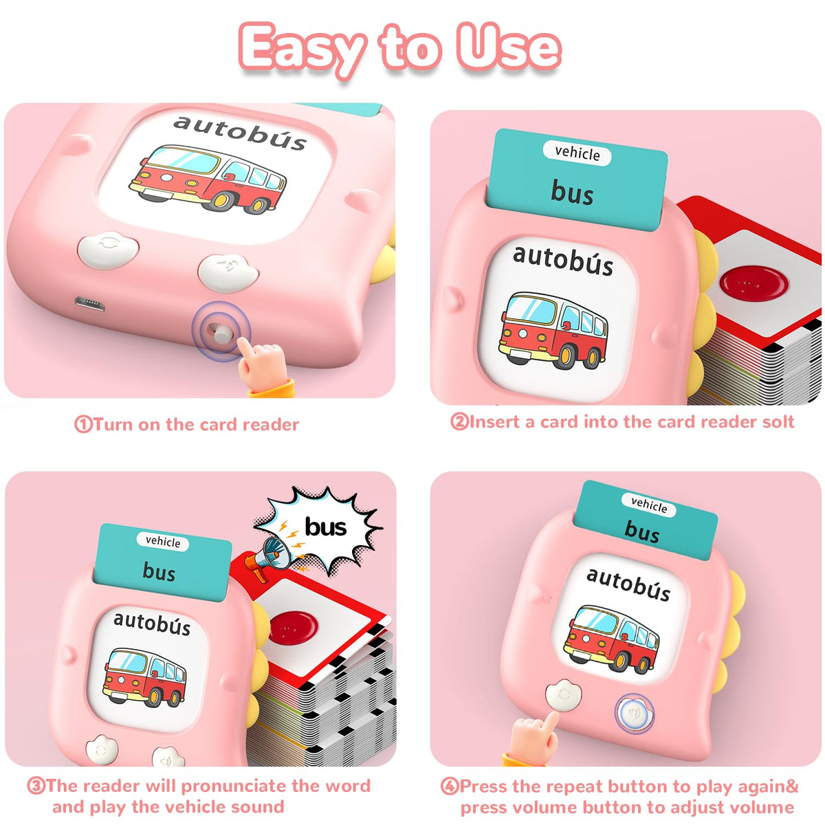 Kidzdo 520 Bilingual Spanish English Talking Flash Cards, Easter Birthday Gifts for 2 3 4 5 6 Year Old Girls, Language Pocket Speech Therapy Toys, Portable Toddlers Toys, Pink
