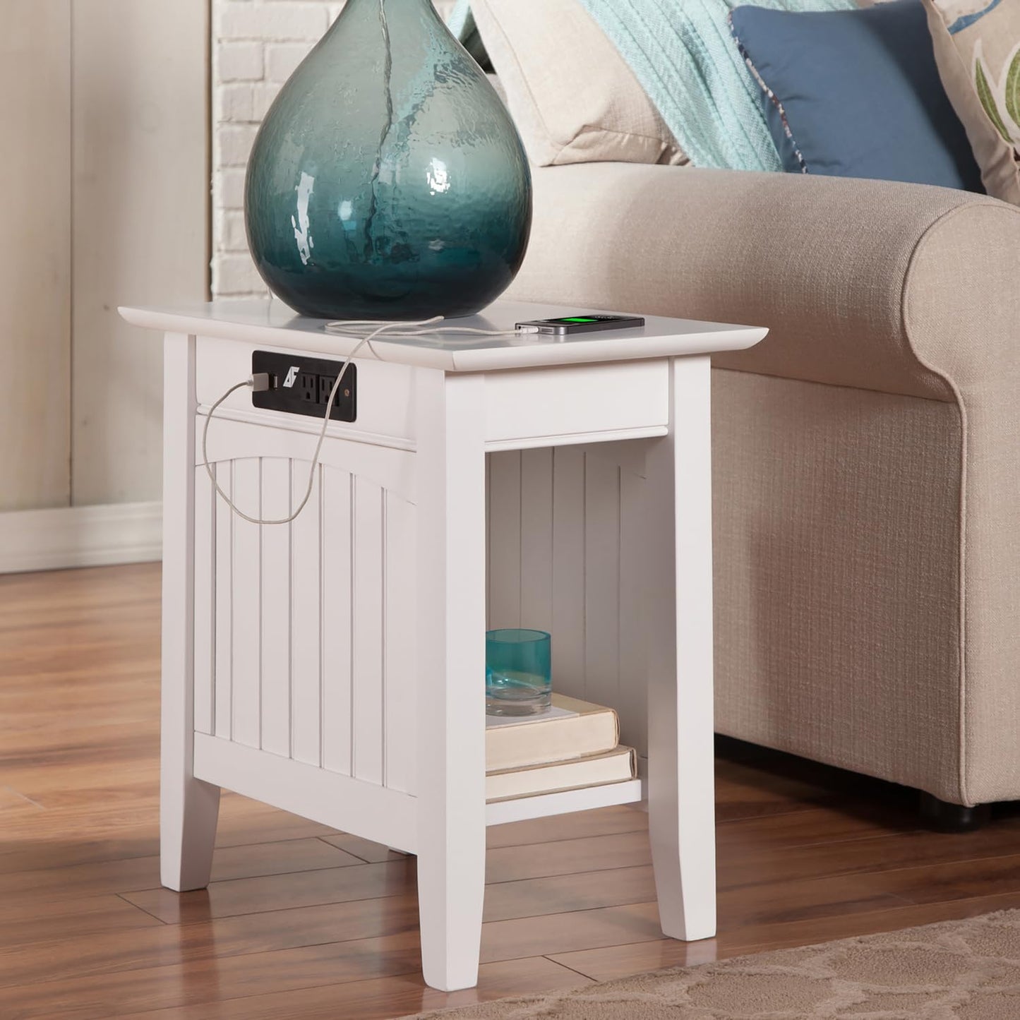 AFI Nantucket Chair Side Table with Built-in Charger in White