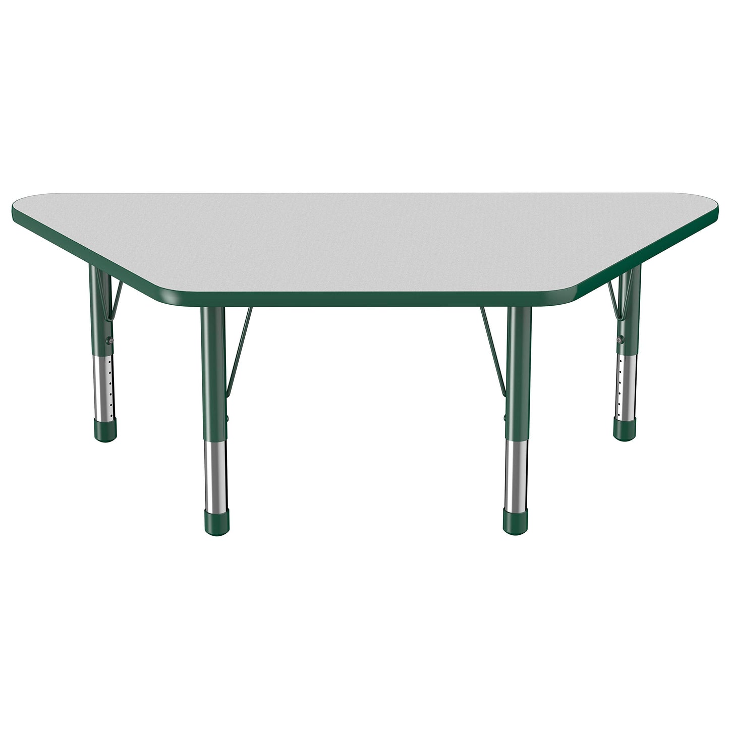FDP Trapezoid Activity School and Classroom Kids Table (30 x 60 inch), Chunky Toddler Legs for Collaborative Seating Environments, Adjustable Height 15-24 inches - Gray Top and Green Edge