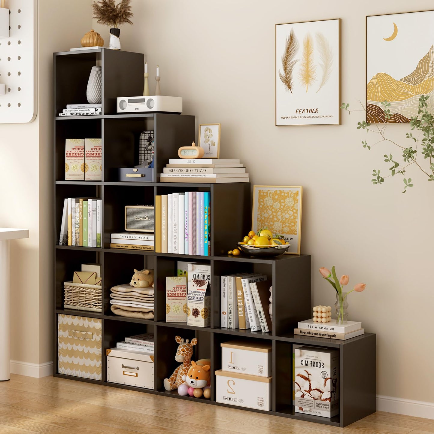 OSCHF Ladder Cube Storage Bookcase - Wooden L-Shaped 3-Tier Corner Shelf, Reversible 6-Cube Organizer for Home & Office, White