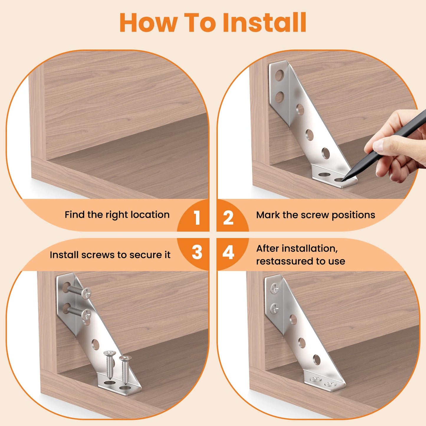 Aifeier ET 20PCS Furniture Corner Connector, Stainless Steel Corner Bracket Furniture Triangle Support Brace Angle Fasten Connector with 140 Screws for Wood Shelf, Cabinets, Tables, Chairs
