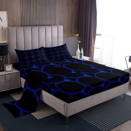 Honeycomb Bed Sheets Set Queen Size Geometric Hexagonal Beehive Sheet Set for Boys,3D Stereoscopic Blue Hexagon Sheets,Neon Simplistic Geometrical Black Room Decor