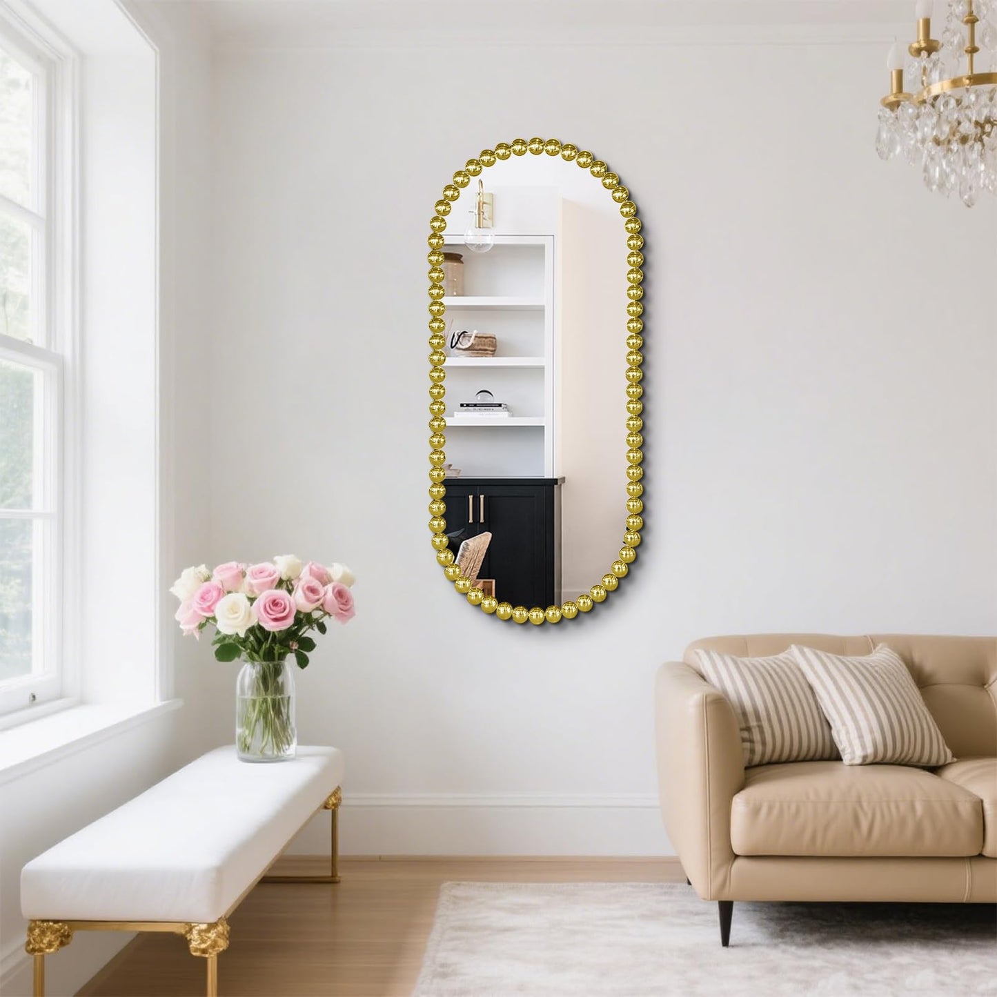 Scoffee Gold Oval Bathroom Mirror Vanity Hanging Beaded Framed Baroque Decorative Wall Mirror for Over Sink，Bedroom, Entryway