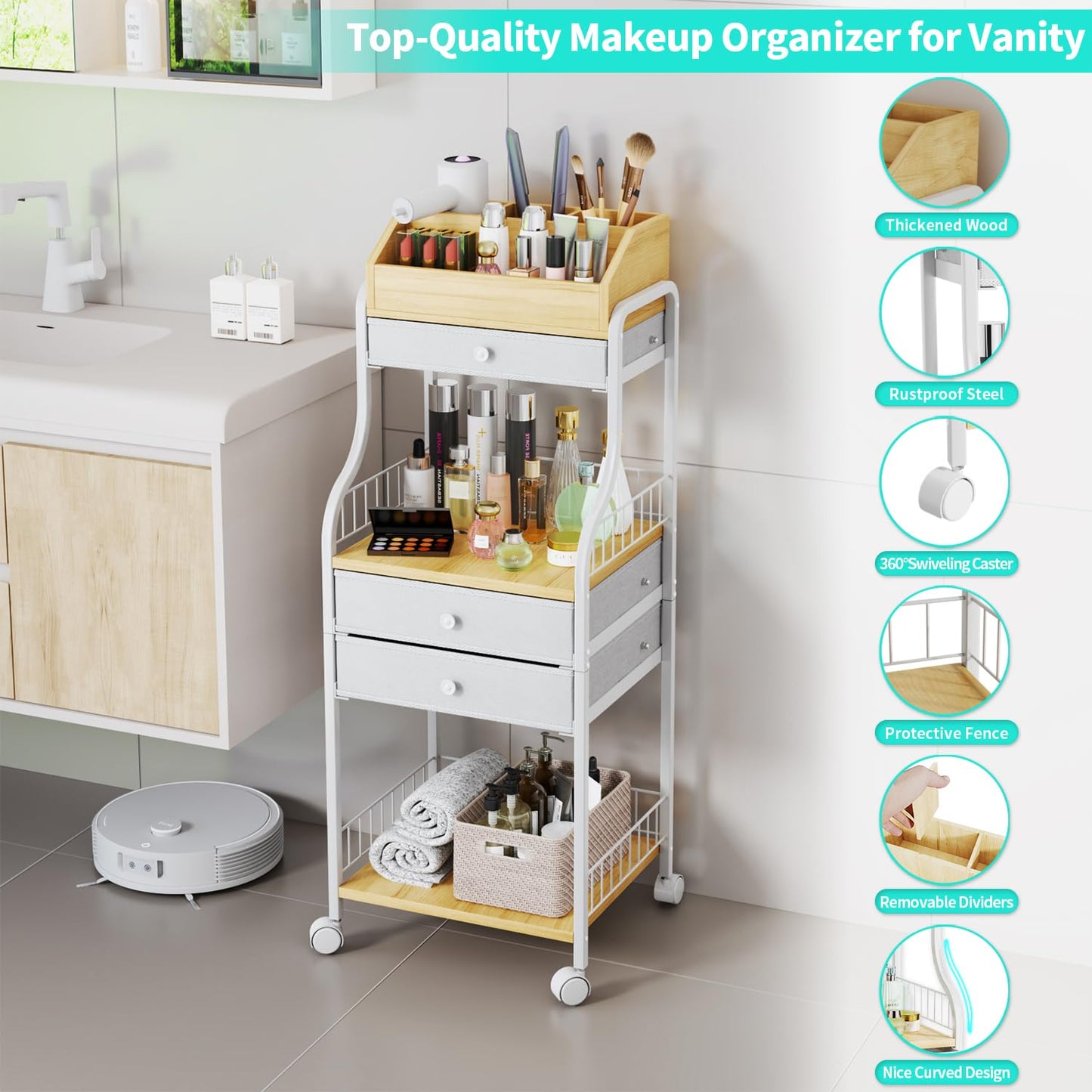 HapiRm Floor Makeup Organizer Cart - Vanity Skincare Beauty Organizers Makeup Storage with Drawers, Cosmetics Display Cases Holder Nail Cart for Hair Accessories Polish Perfume Make up Brush