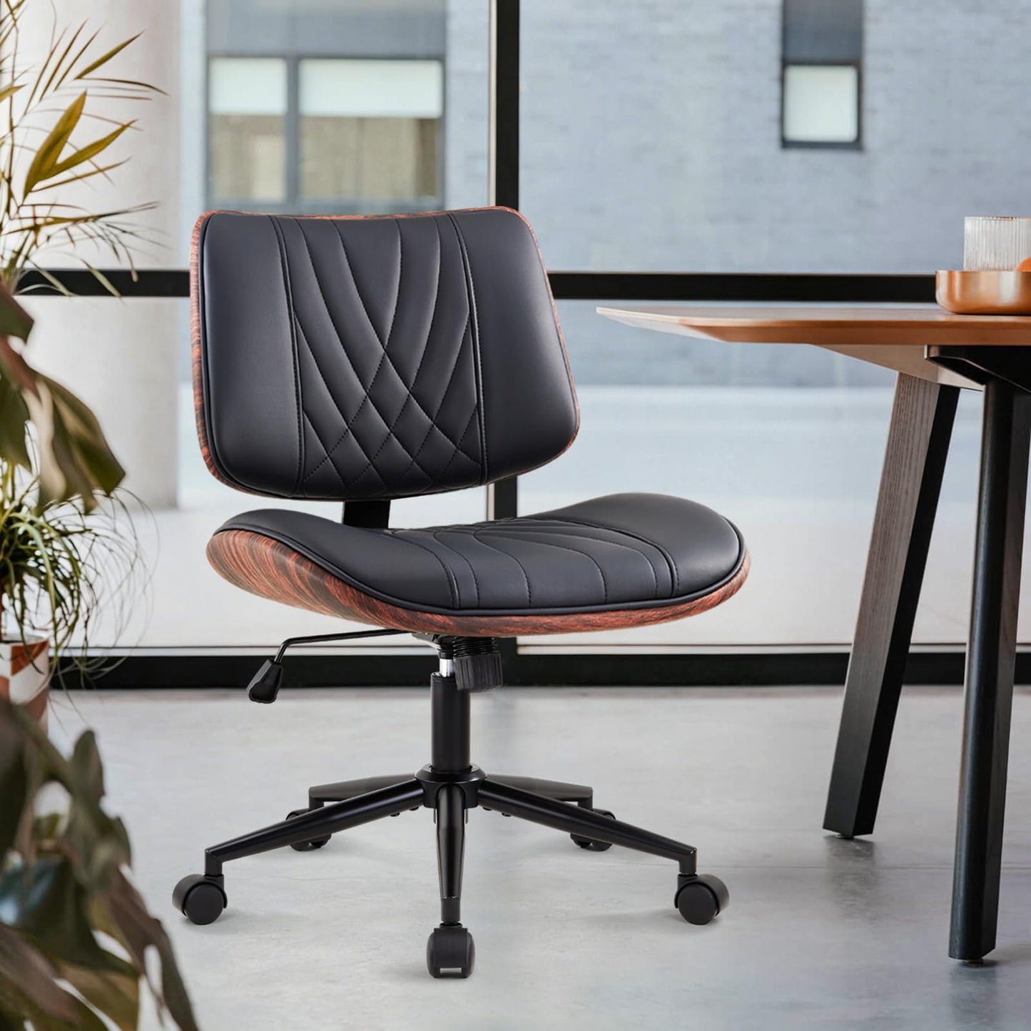IWMH Home Office Chair Swivel Desk Chair with Wheel Small Computer Chair Armless Task Chair Modern Walnut PU Leather Backrest Rocking Function Adjustable Height, Study Reading Meeting Room (Black)