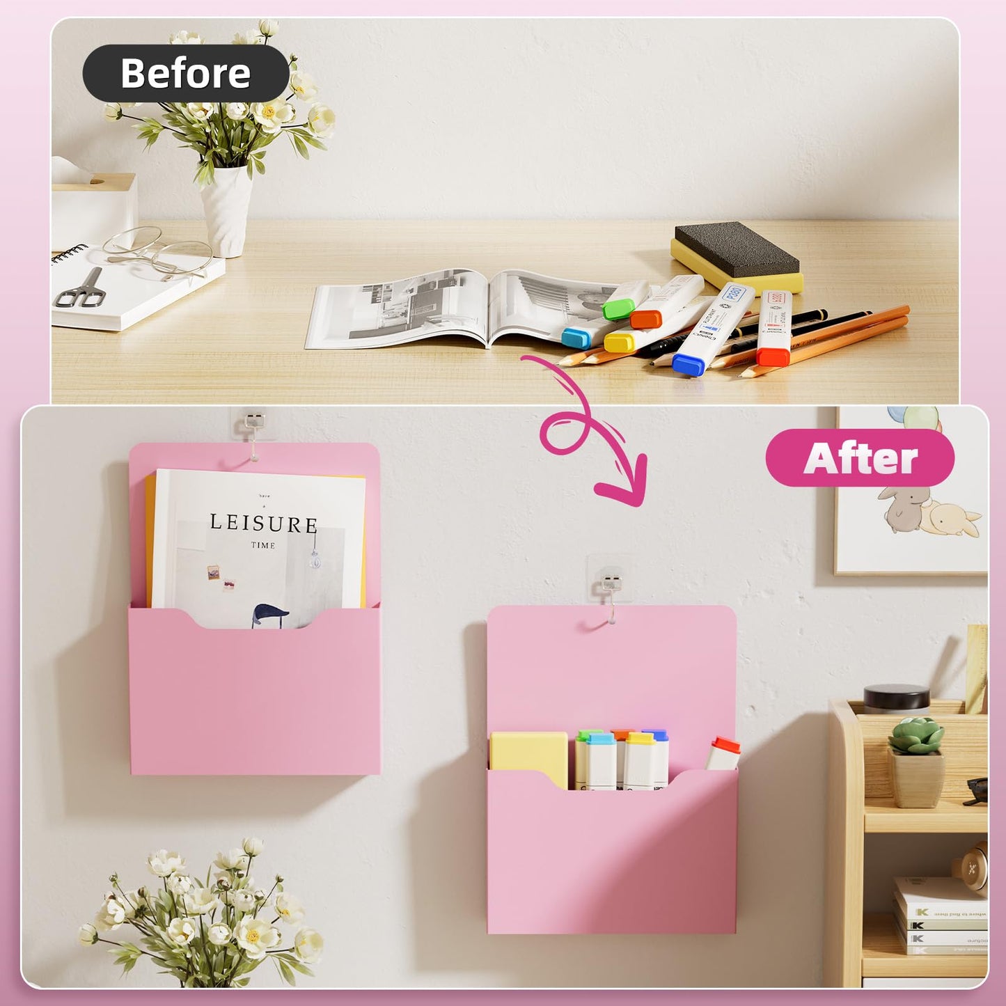 Magnetic File Holder - Magnetic Paper Holder, Pocket Organizer Office Supplies Storage Mail Organizer for Notebooks,Planners,Letter (Pink)