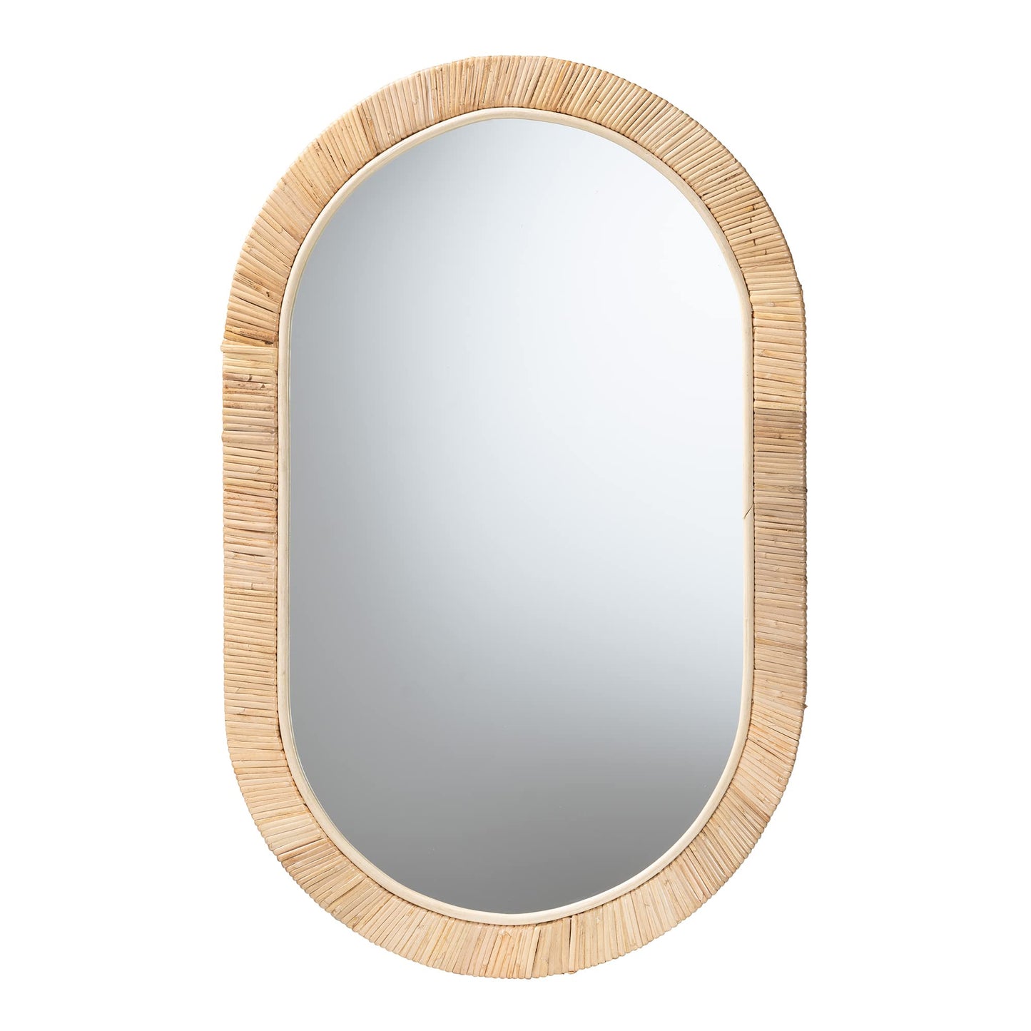 Bali & pari Bella Modern Bohemian Natural Mahogany Wood and Natural Rattan Oval Mirror