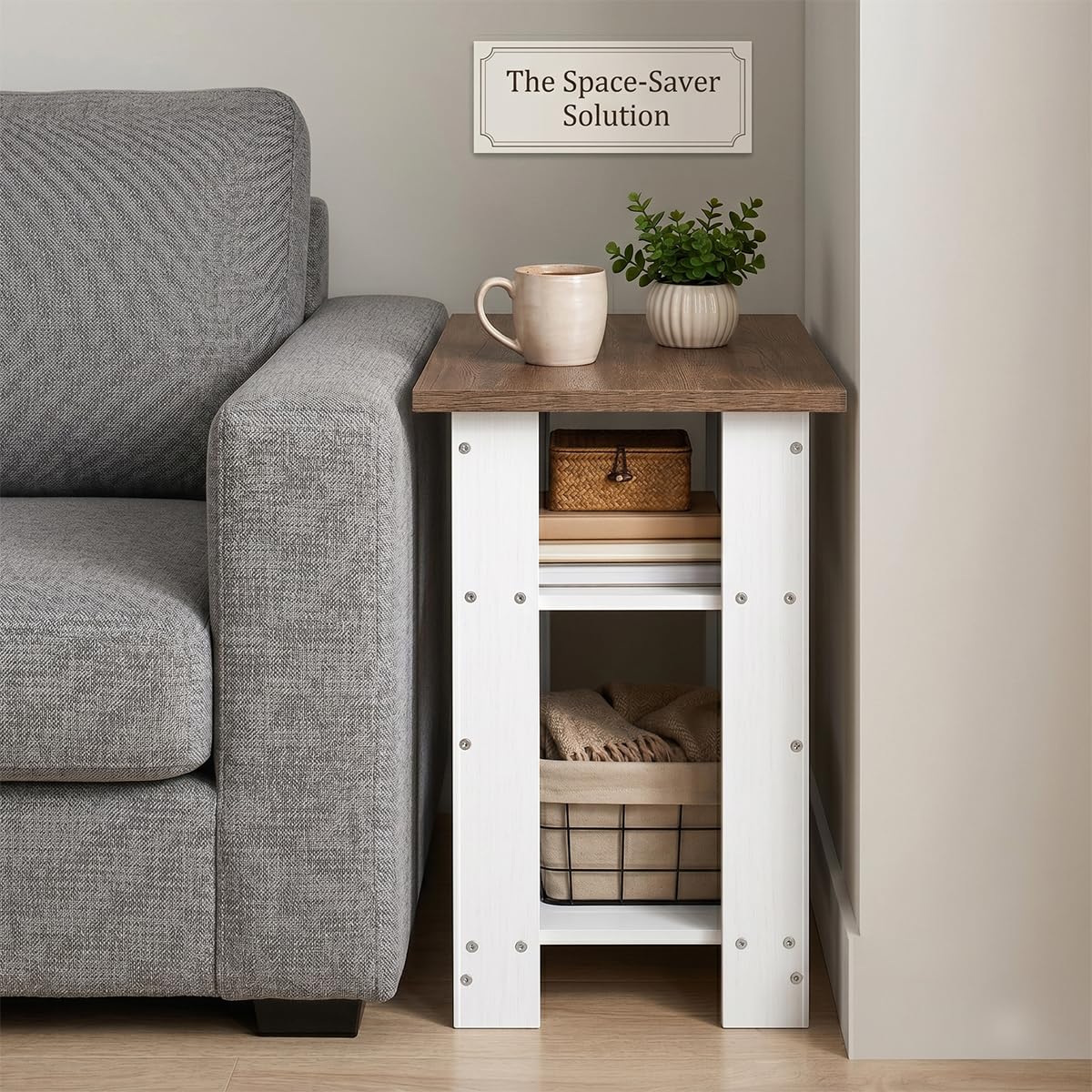 ZEXVIDA White Side Table with Oak Top, 3 Tier Modern Farmhouse End Table, Narrow White Nightstand for Bedroom, Nursery, Living Room, Coastal Small Bedside Table with Storage Shelves, 22.8" H