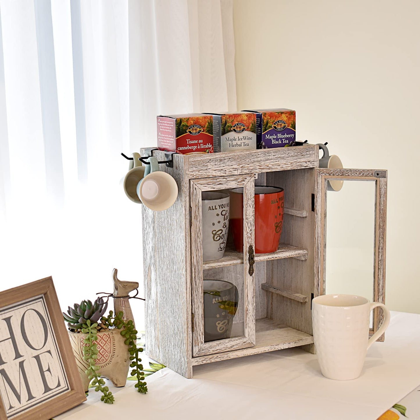 Ikee Design Wooden Countertop Storage Cabinet. Customizable Organizer with Adjustable Shelves, Glass Window Door and Removable Metal Hook. Perfect for Kitchen, Vanity, or Bathroom. Antique White