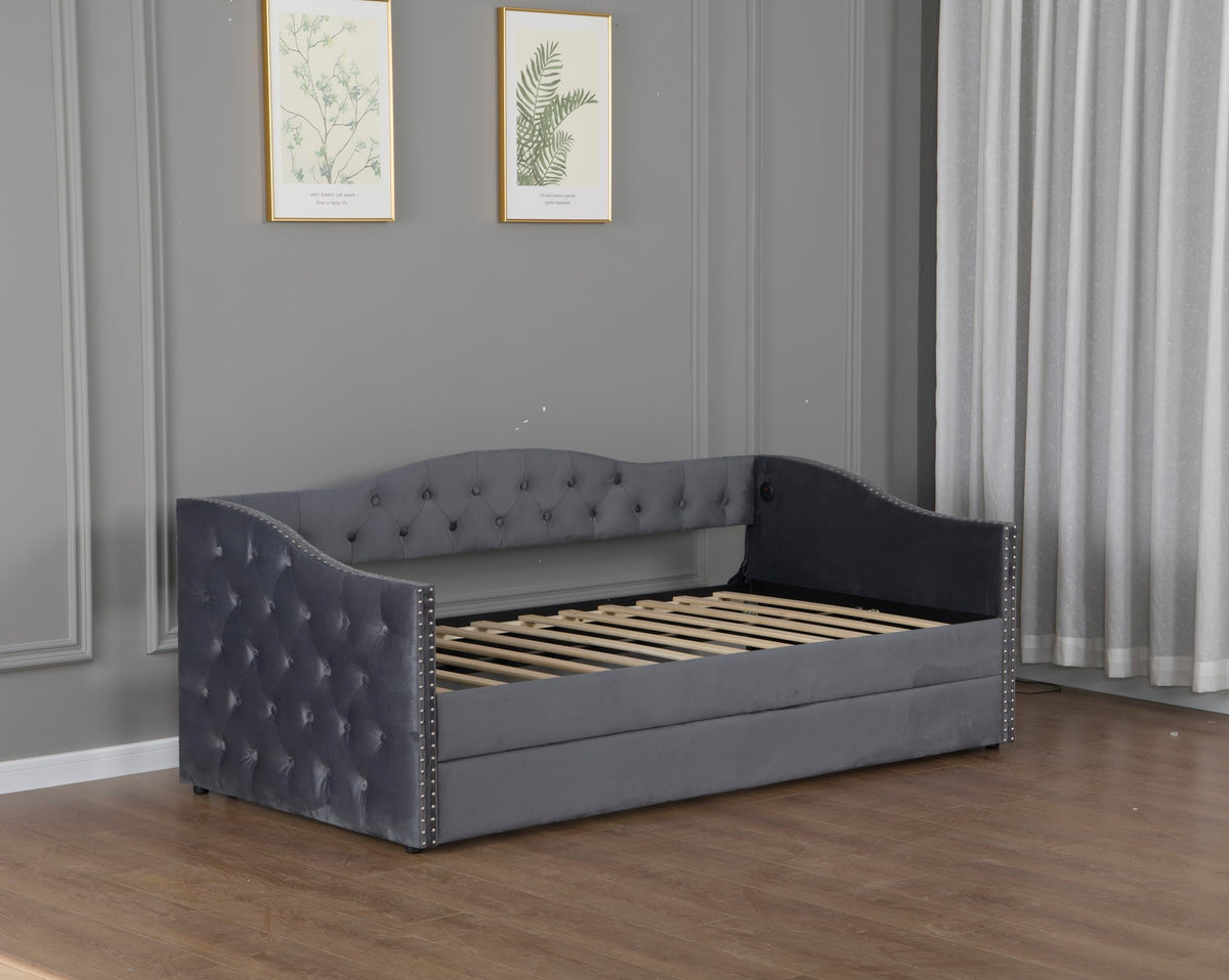 GDFStudio Twin Size Bed Frame with Trundle, Upholstered Twin Daybed with USB Charging Station, Diamond Tufted Velvet Sofa Bed, Wood Platform Twin Bed Frame with Solid Slat, No Box Spring Needed, Gray