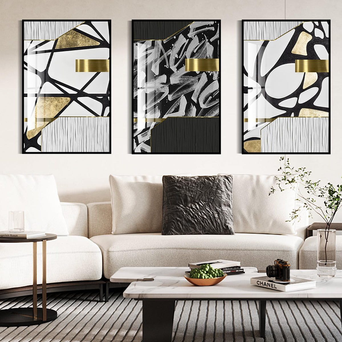 QKF bright abstract geometric wall decoration, modern minimalist black and white wall art, suitable for bedroom, living room, bathroom, office, home poster printing 16 "X 24" inch 3-piece set