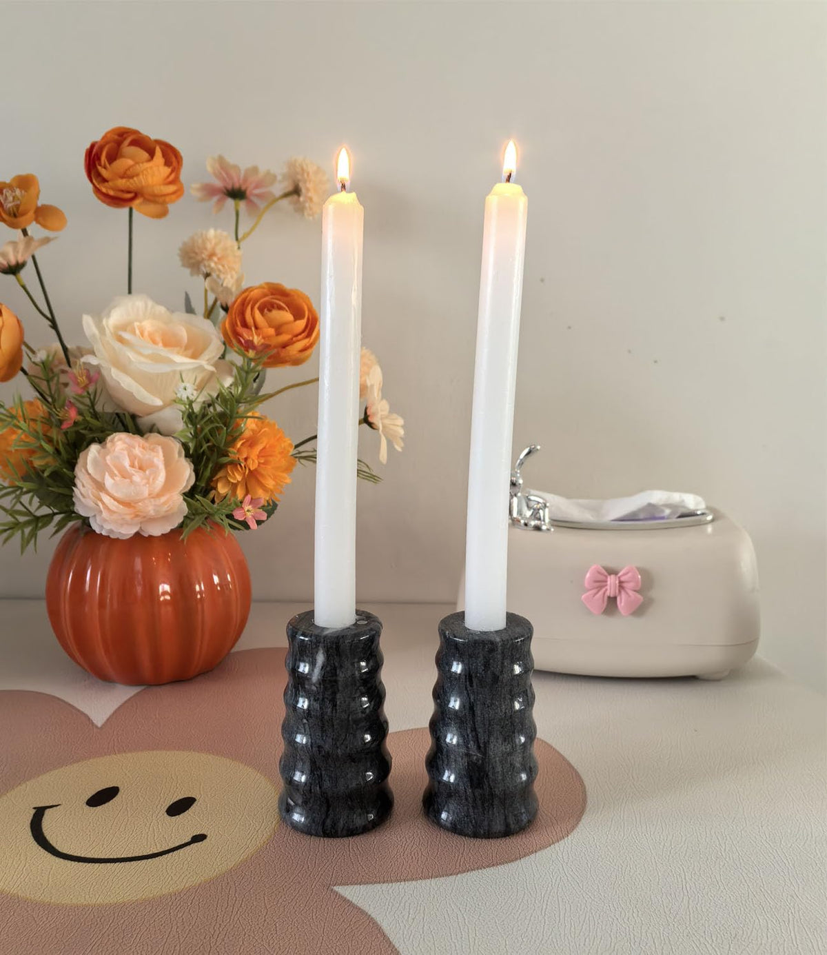 Marble Candlestick Holders, Set of 2 Natural Stone Candle Holder Decorative Candle ，（Marble Black）