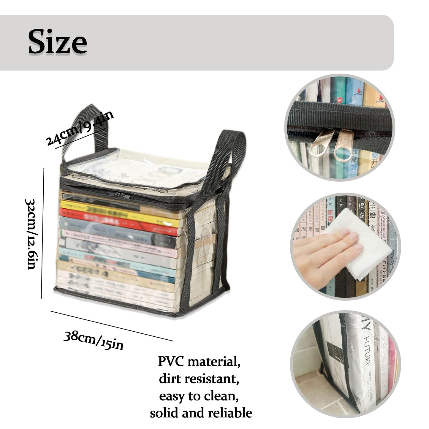 Clear Book Storage Bag Plastic Comic Books Organizer 38x24x32cm/15x9x3inches Collapsible Book Display Case with Lid and Lifting Handle for Books Used Books Toys