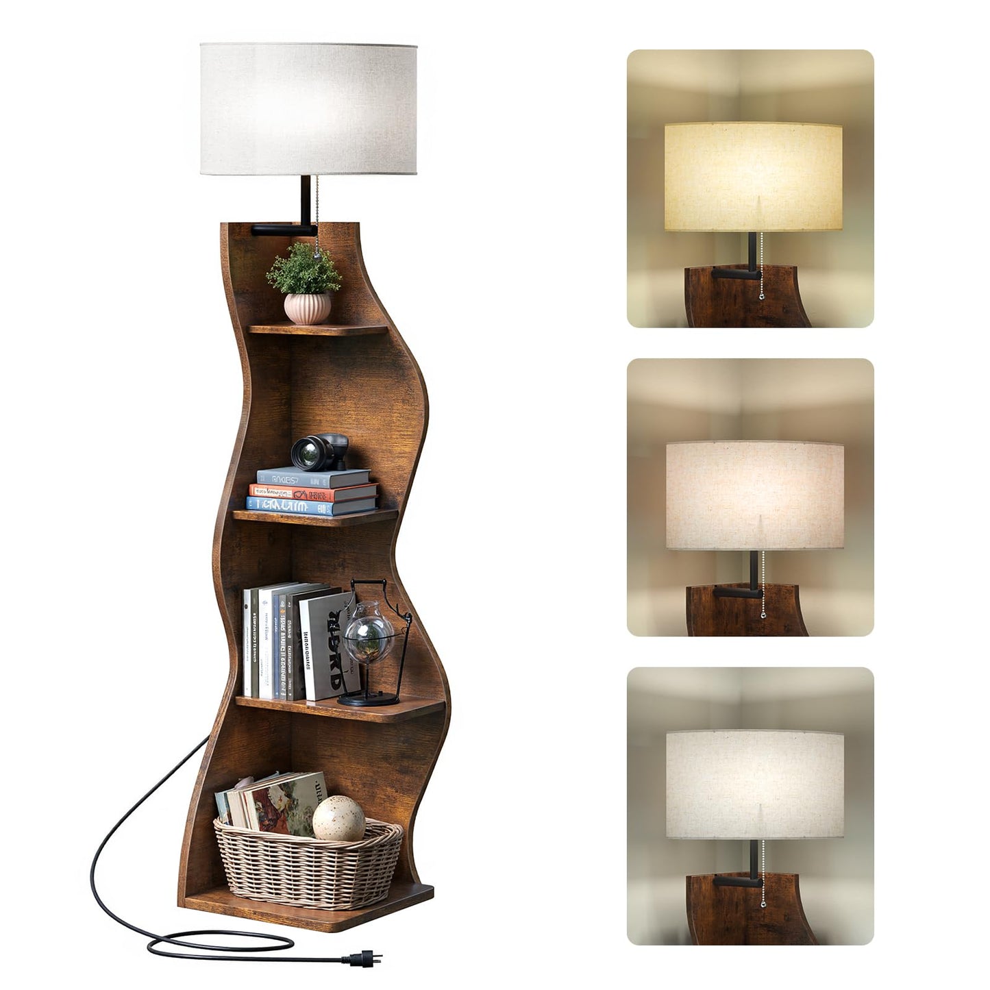 Evermagin 4 Tier Corner Shelf with Light, 64'' Tall Corner Bookshelf with Unique Shape, Stylish Wavy Bookcase Tower with Storage Organizer for Small Space, Living Room, Bedroom (Rustic Brown)
