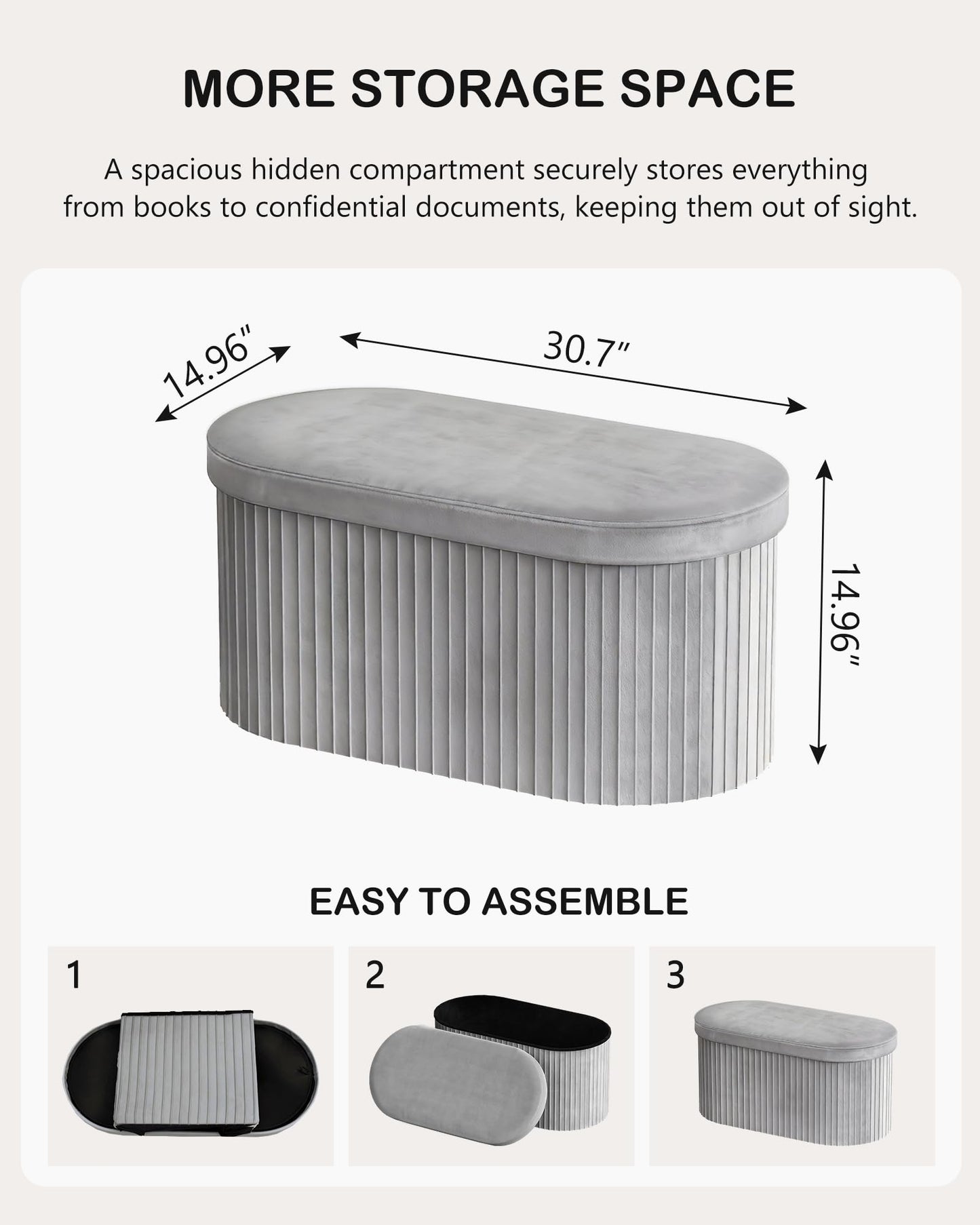 GLAXYFUR Folding Storage Ottoman, Velvet Upholstered Foot Rest, 30 Inches Oval Storage Bench for Bedroom, Living Room & Entryway (Light Grey)