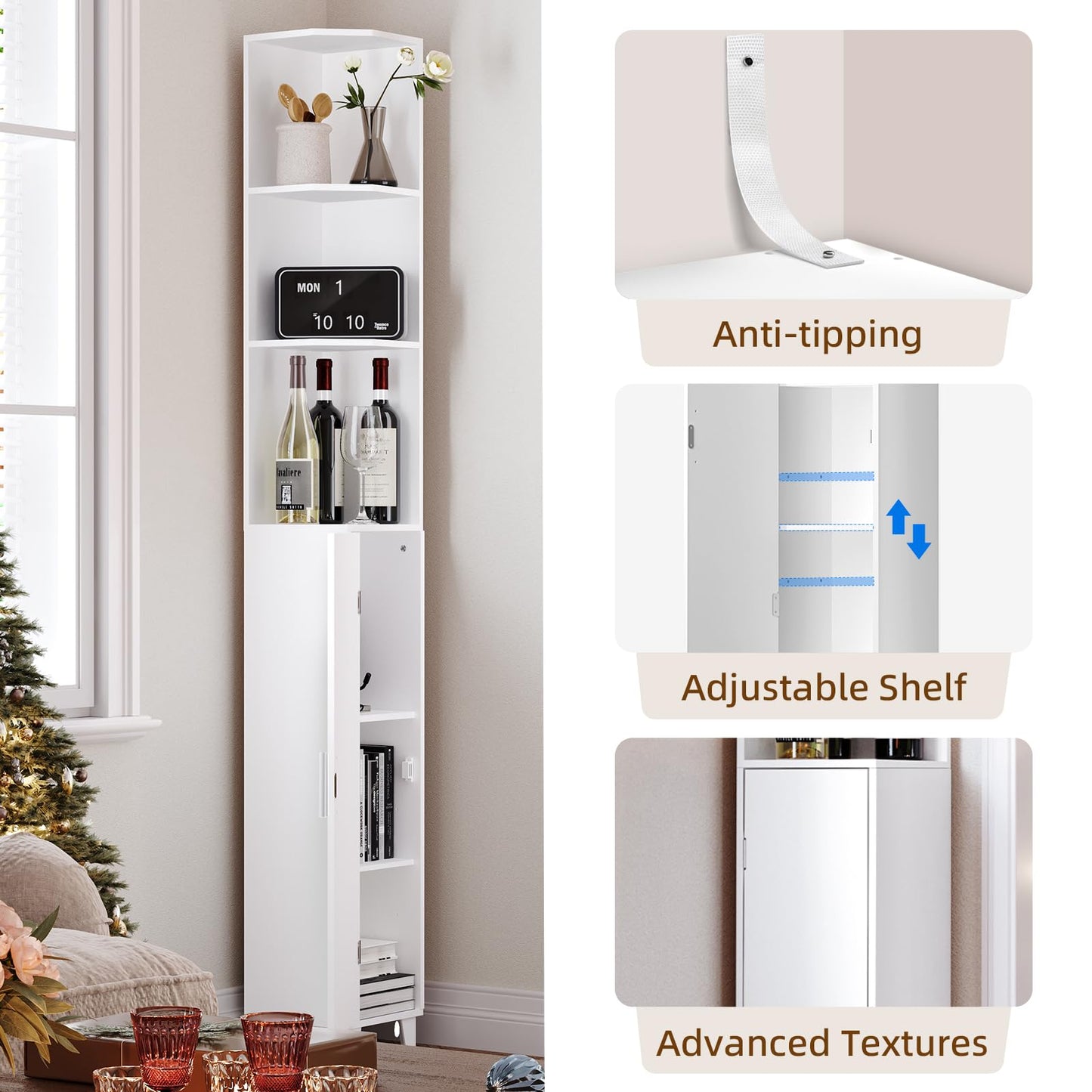 MOHOPE Corner Shelf with Cabinet, 74.8" Tall Corner Cabinet with Door, 5-Tier Narrow Bookshelf with Adjustable Shelves, Display Cabinets for Living Room, Bathroom, Dining Room, Small Space, White