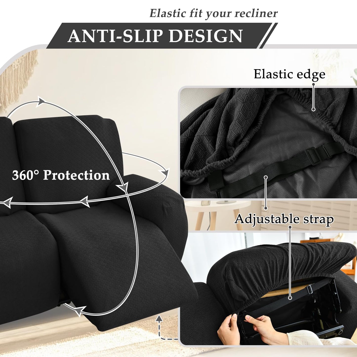 ROFASVCO Reclining Sectional Couch Covers L Shape Waterproof Washable Recliner Sofa Cover for L Shaped Sectional Super Stretch Corner Recliner Slipcovers (5 Seater Cover, Dark Black)