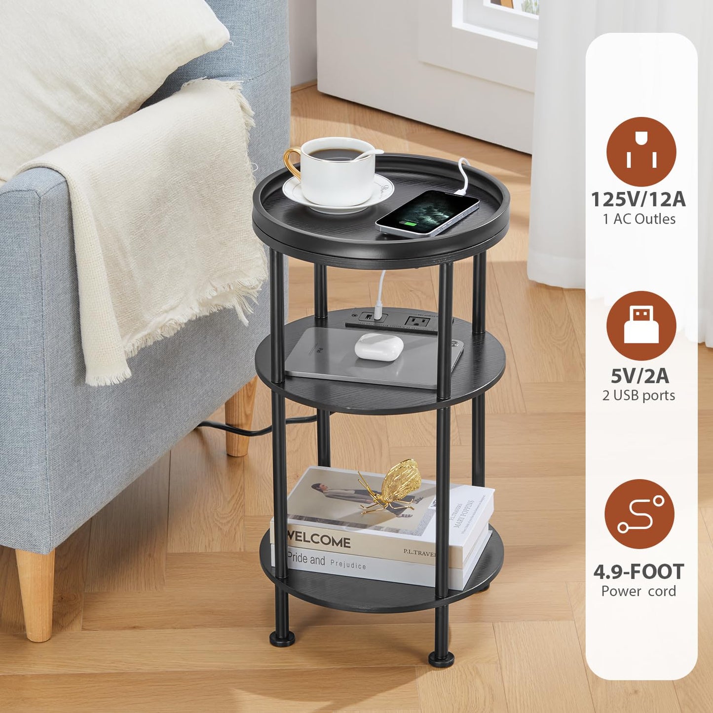 ZEXVIDA Small Round Side Table with Charging Station for Small Spaces, 3-Tier Accent Table with USB Ports & Power Outlets, Sofa Corner Tea Table for Living Room Nightstand Bedroom Apartment (Black)