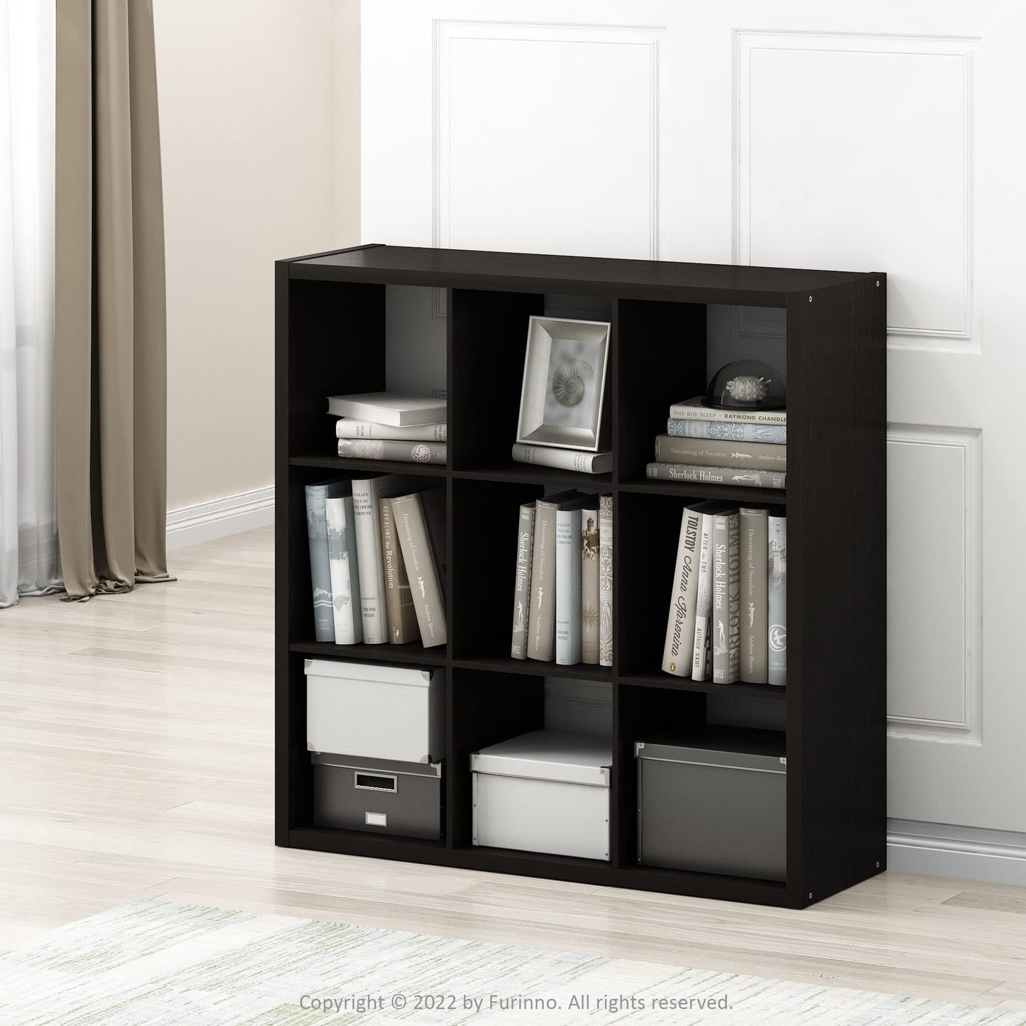 Furinno CUBICLE Book Shelf, 9-Cube Bookshelf, Extra Thick Frame Reversible Bookcase with Open Back, 14.6" x 44" x 44", for Living Room, Bedroom, Home Office, Black Dark Oak