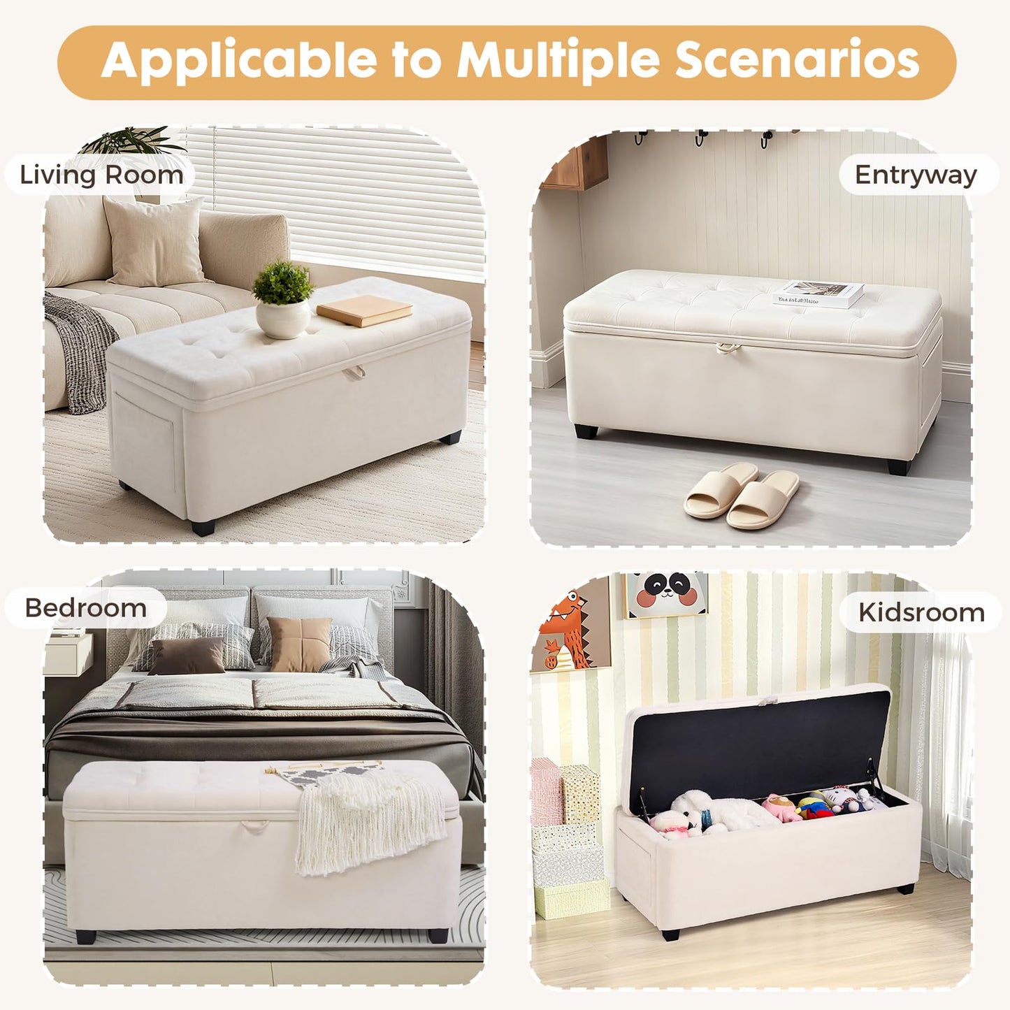 2BYF 45" Storage Ottoman Bench, Tufted Ottoman with Storage for Living Room, Large End of Bed Ottomans, Modern Entryway Benchs, Window & Bedroom Benches for Foot of Bed (Ivory)