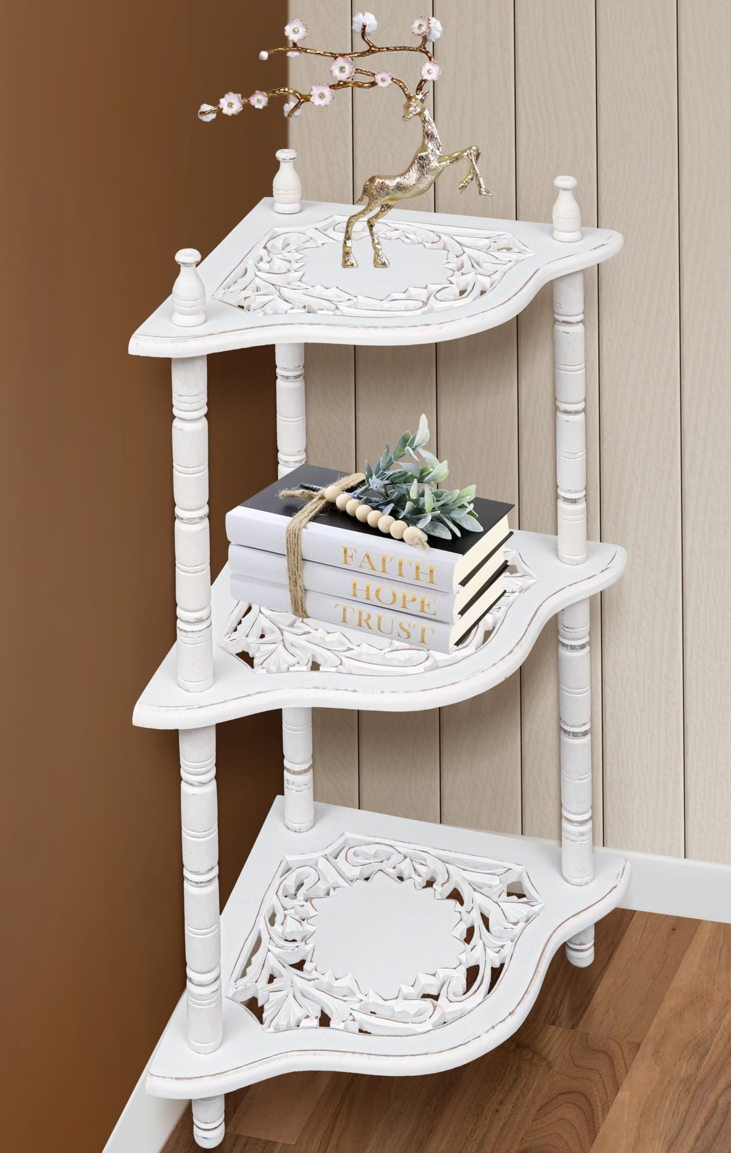 The Wooden Town Antique White Corner Bookshelf - 3-Tier Corner Shelf Stand for Small Spaces, Stylish Bathroom & Home Office Storage Solution, 12" L x 12" W x 26" H