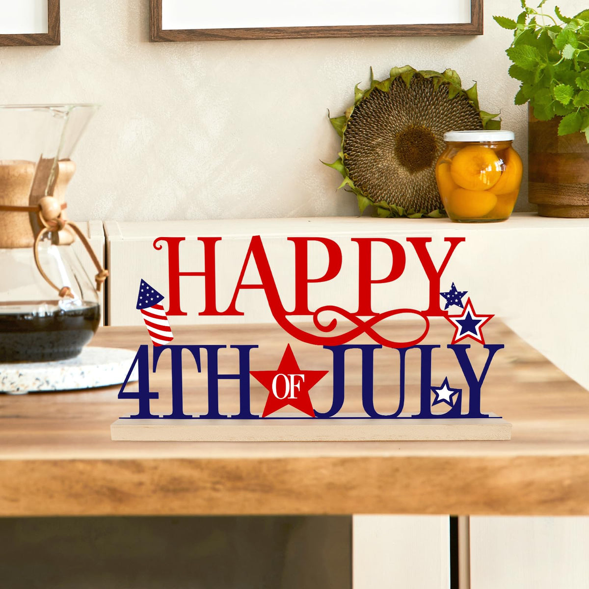 COCHIE Metal Happy 4th of July Sign, Red Blue and White Decorations for Home, Office, Shelf, Mantel, Indoor, Fouth of July Decoration, Patriotic Star Decor (Independence Day)