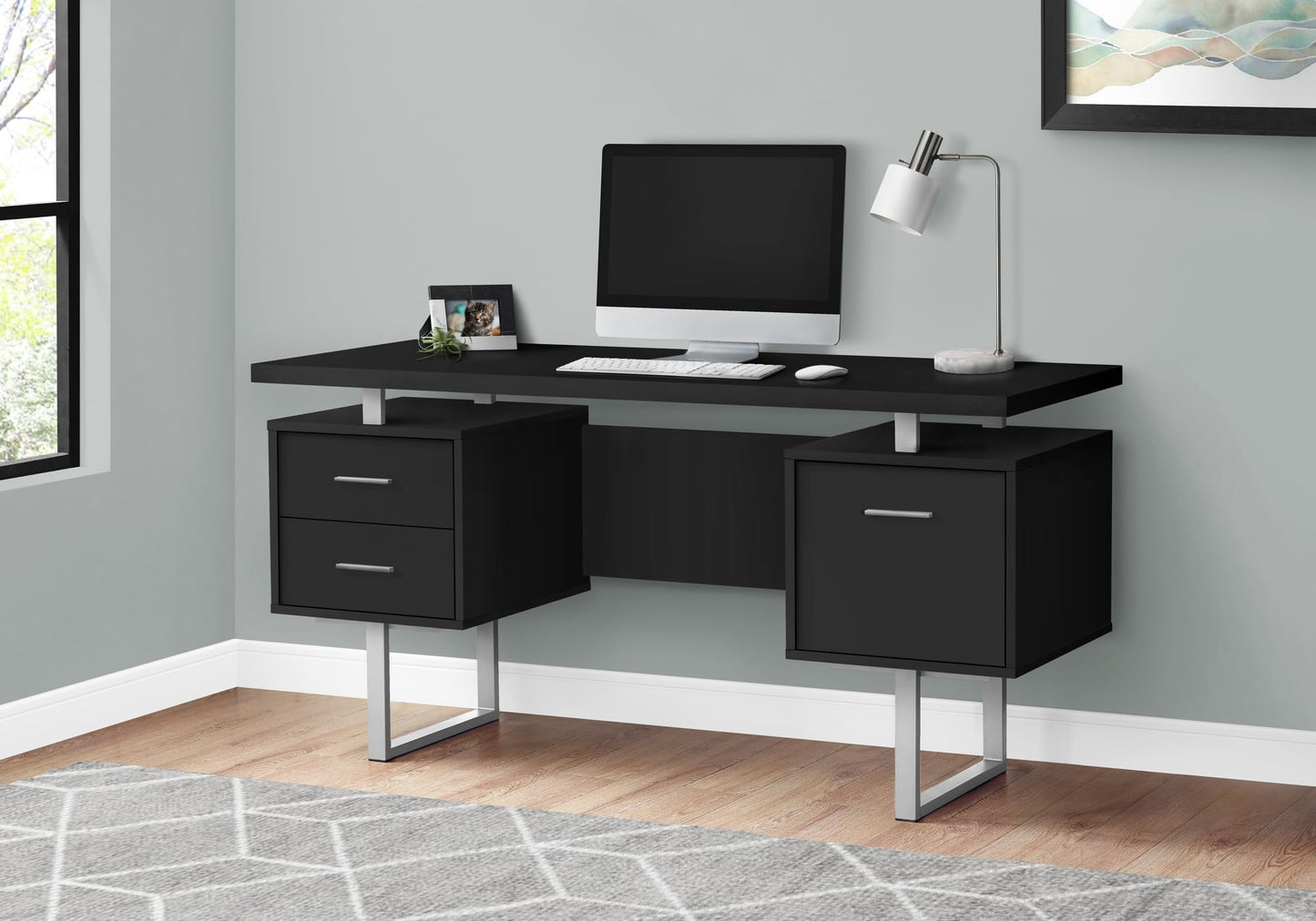 Monarch Specialties I 7634 Computer Desk, Home Office, Laptop, Left, Right Set-up, Storage Drawers, 60" L, Work, Metal, Laminate, Black, Grey, Contemporary