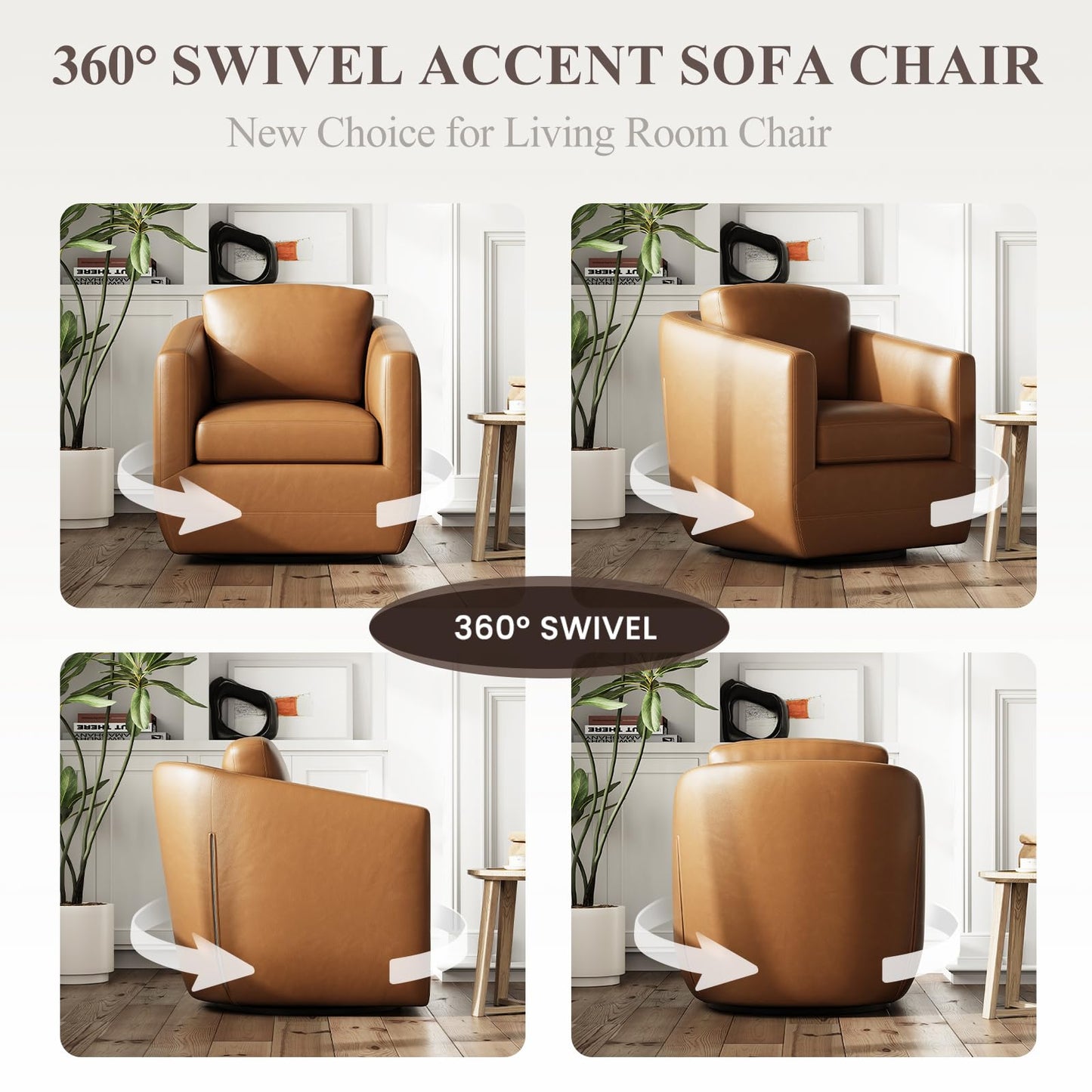 MALOL 360° Swivel Accent Chair- Comfy Living Room Armchair No-Sag Foam & Sturdy Metal Base with Pillow, Fully Assembled Swivel Accent Single Sofa for Bedroom Living Room, Office, Brown