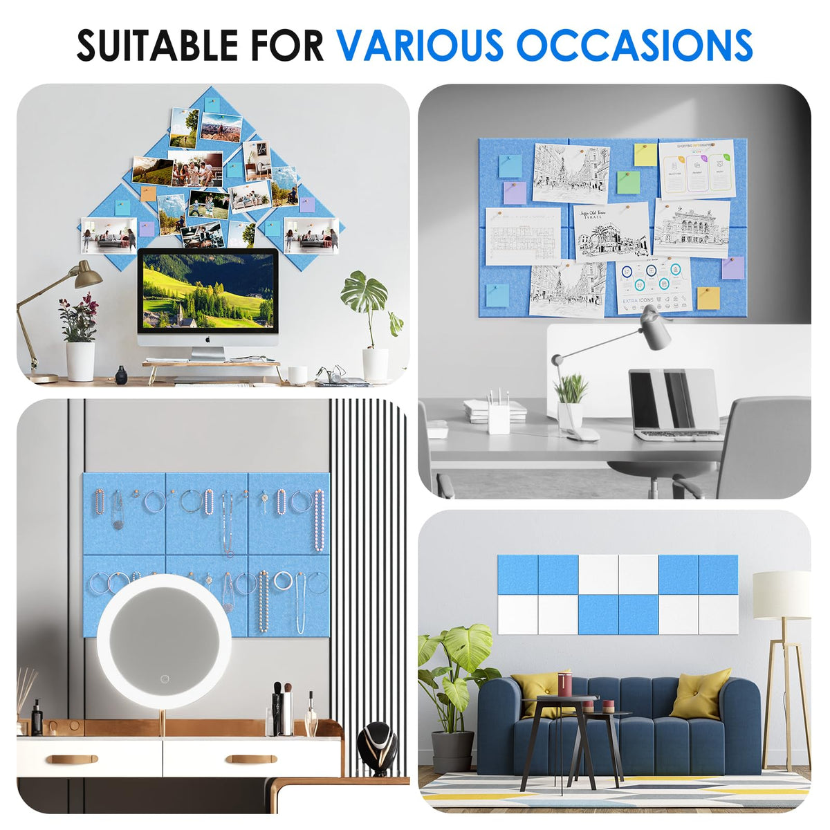 MaxGear Large Cork Board for Wall 36" x 24", Blue Bulletin Board, 6 Pack Felt Wall Tiles with Pushpins, Cork Boards for Office Push Pin Board Tack Board Felt Board