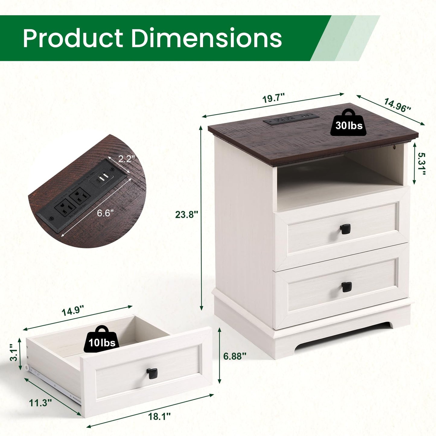 20-Inch Wide Modern Nightstands Set of 2 with Charging Station & Outlets, Bedside Tables with 2 Drawers and Open Shelf, Sleek Design End Tables for Bedroom and Office, White