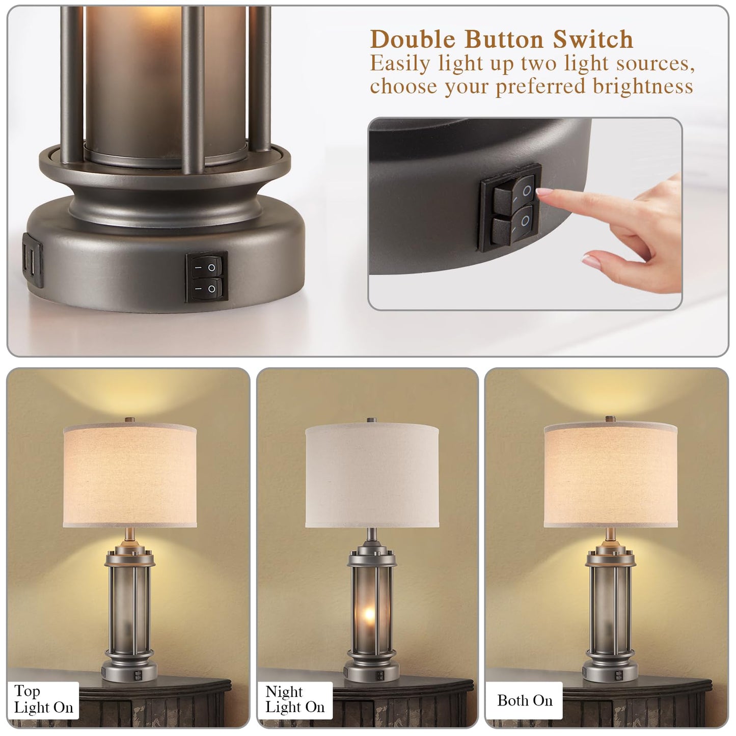 AIEAMPDO Set of 2 Farmhouse Bedroom Table Lamps with 2 USB C+A Ports