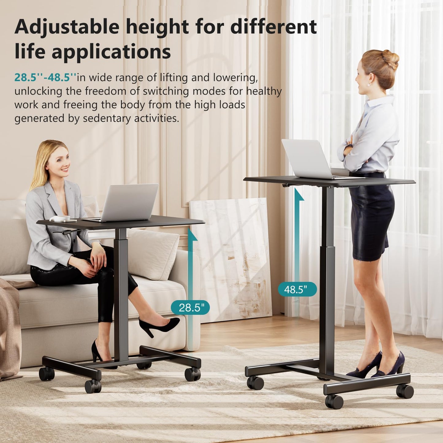 OLIXIS Small Standing Desk with Locking Wheels, Mobile Portable Rolling Laptop PC Table, Adjustable Height Computer Workstation for Home Office, 19 Inch, Black