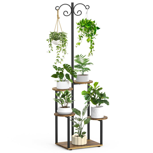 YOCOMEY Plant Stand Indoor with 2 Hanging Hooks, 5 Tiered Corner Plant Shelf Flower Stand for Multiple Plants, Plant Stands Organizer Rack for Living Room Balcony Patio Garden (Black+Brown, Round)