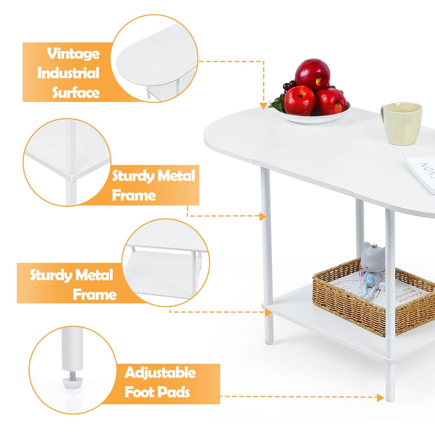 White Coffee Tables for Living Room,2-Tier Small Coffee Table Industrial Modern Oval Center Table with Storage Shelf and Wood Tabletop,for Small Space,Home Office