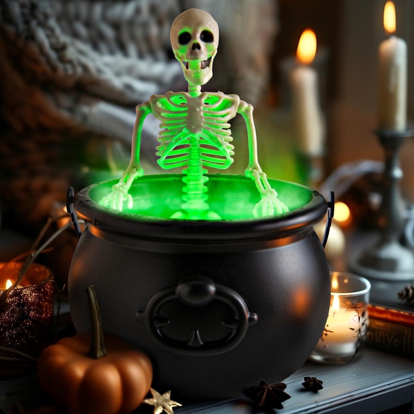 Halloween Decorations Indoor, Cauldron Halloween Decor with Magic Floating Potion Bottles and Diffuser - Black Witches Bowl Hocus Pocus Party Decoration for Spooky Home Kitchen Table (10in/25cm)