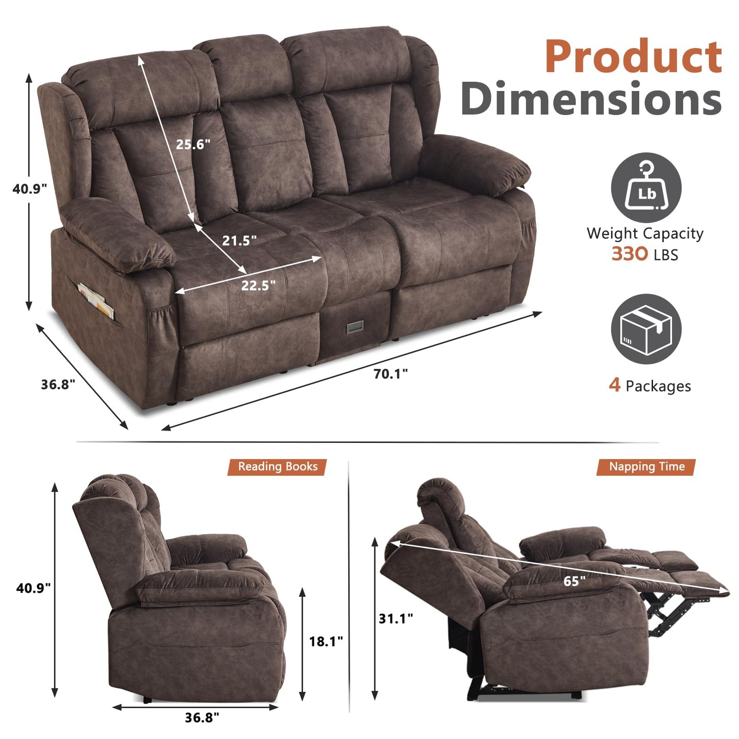 AHMED Loveseat Recliner Sofa with Console, Manual Reclining Loveseat RV Couch with Cup Holders/Side Pocket/Padded Armrest Cushion for Living Room, Velvet, Brown