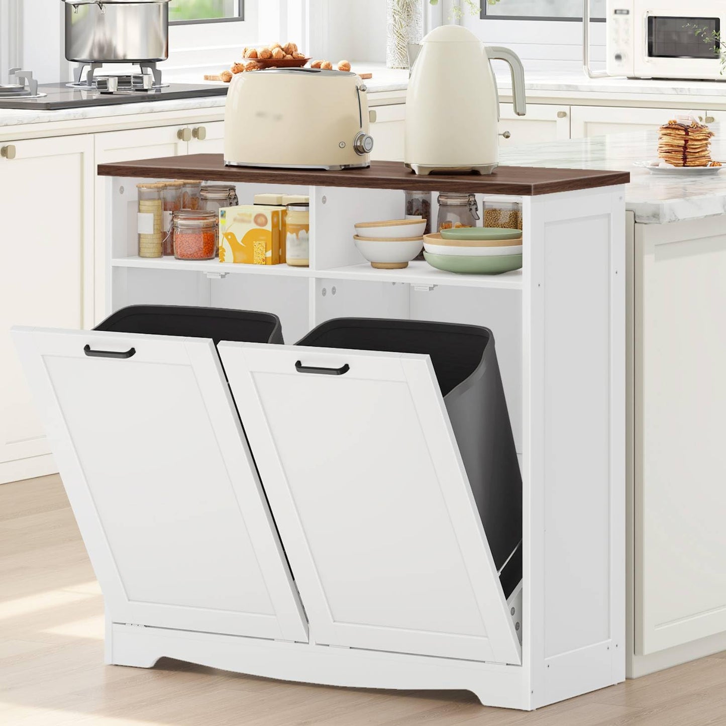 HOOBRO Double Tilt Out Trash Can Cabinet, 20 Gallon Kitchen Trash Bin Cabinet, Hidden Trash Storage with Open Compartments, Hidden Laundry Hamper, for Kitchen, Laundry, White and Walnut WH04LJ01