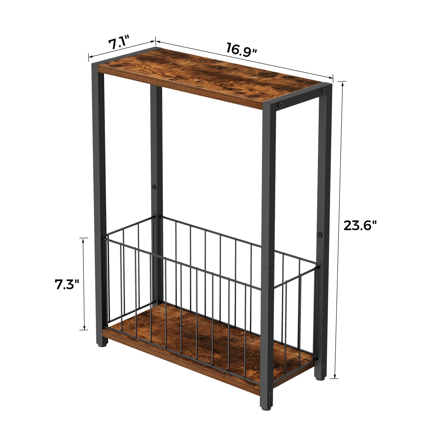 Homleke Narrow Side Table with Magazine Holder, Skinny End Table Perfect for Small Spaces, Space-Saving Design for Living Room, Bedroom, or Office, 7.1" D x 16.9" W x 23.6" H, Rustic Brown