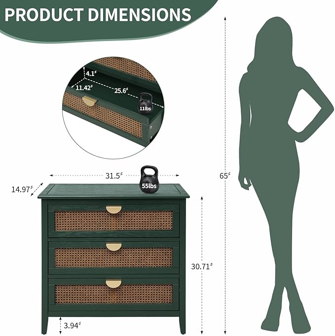 31.5" Retro Green Accent Storage Cabinets, Boho 3-Drawer Cabinets