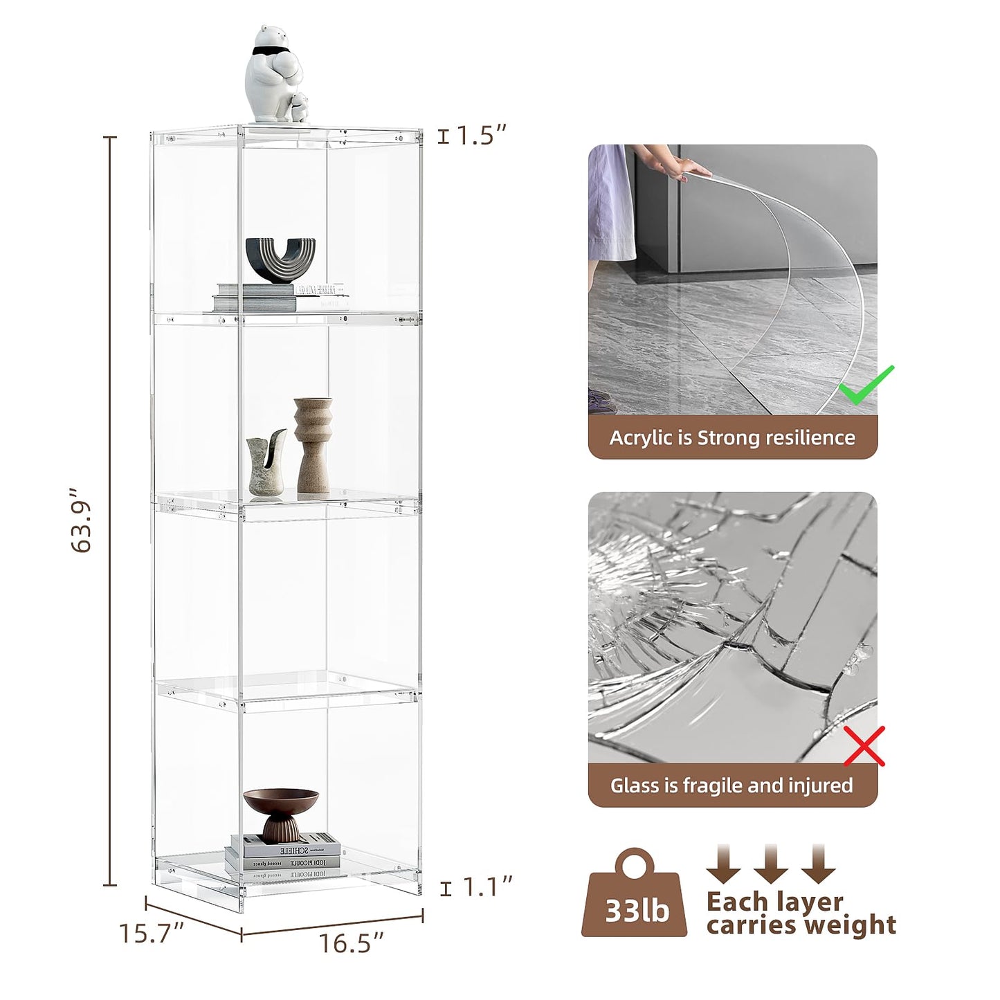 bitaycan Acrylic Display Cabinet, 4-Tier Display Case in Bedroom, Living Room, Playroom, Modern Style (16" D x 16" W x 62" H)