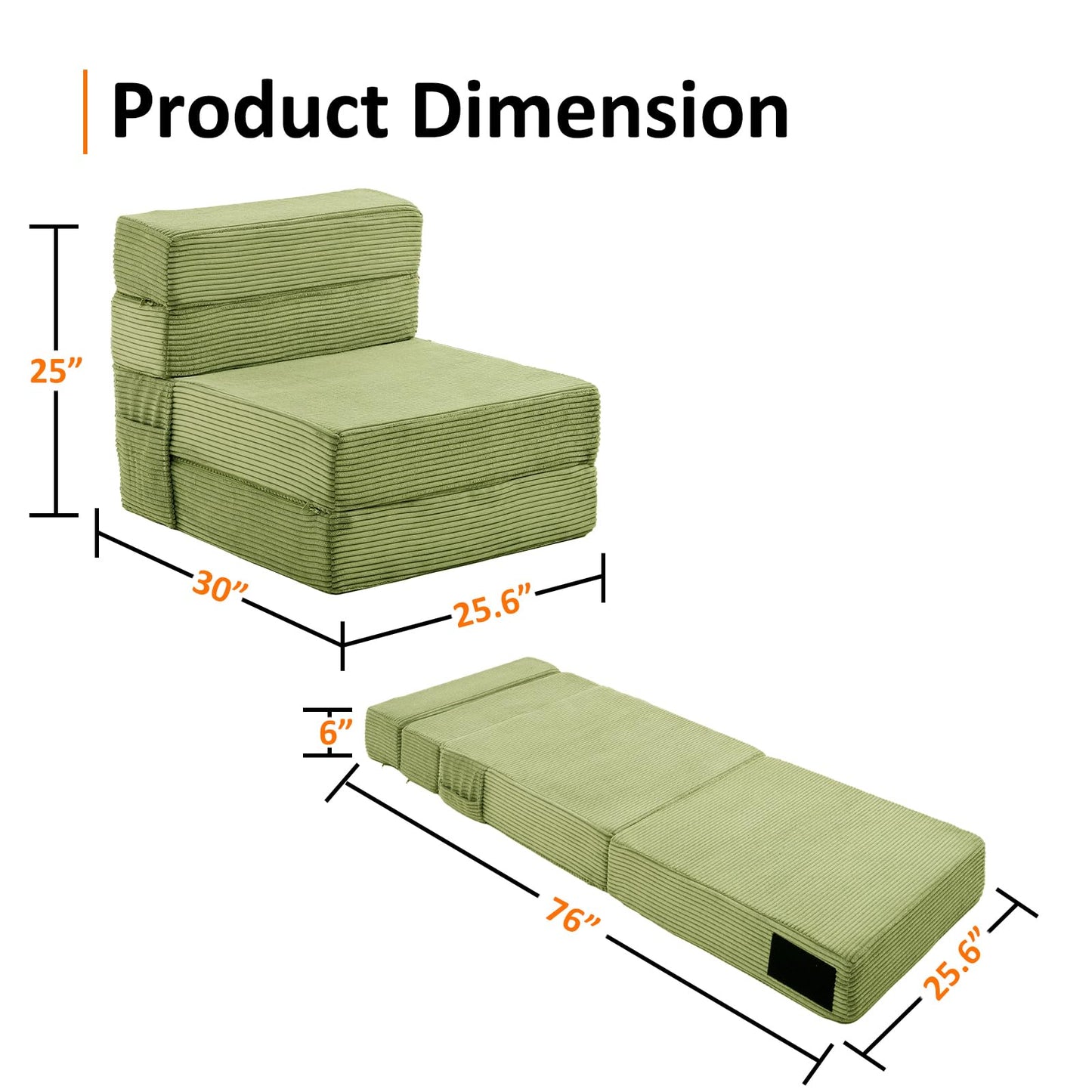 JKMAX Single Size Folding Sofa Bed - 4 in 1 Convertible Sleeper Chair - High Density Memory Foam Futon Couch - Foldable Bed for Living Room Bedroom (Green)