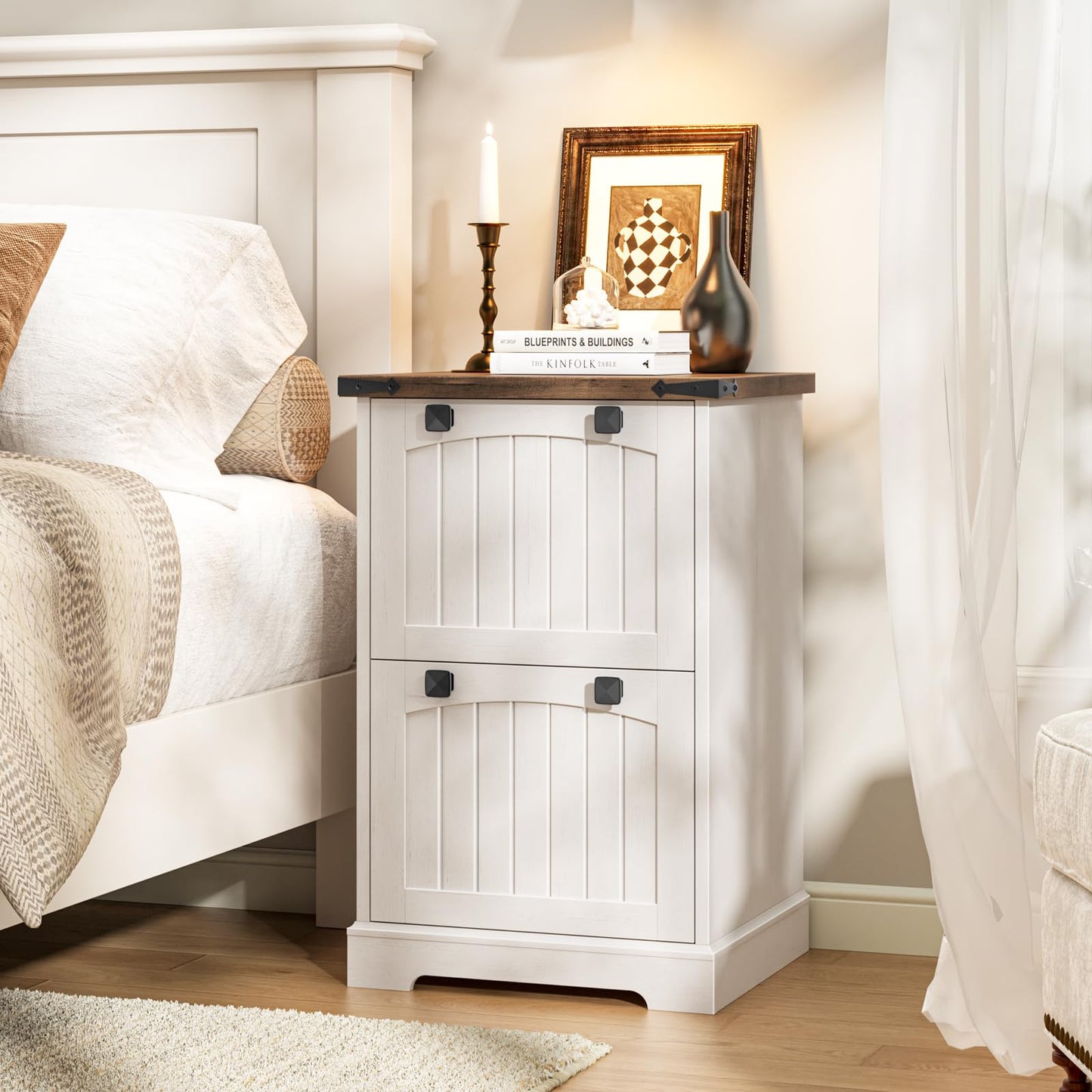 Halitaa 2 Drawer Small File Cabinet, Farmhouse Vertical Filing Cabinet Fits Letter and A4 Size, Under Desk Wooden File Cabinets for Home Office, Printer Stand, Rustic White