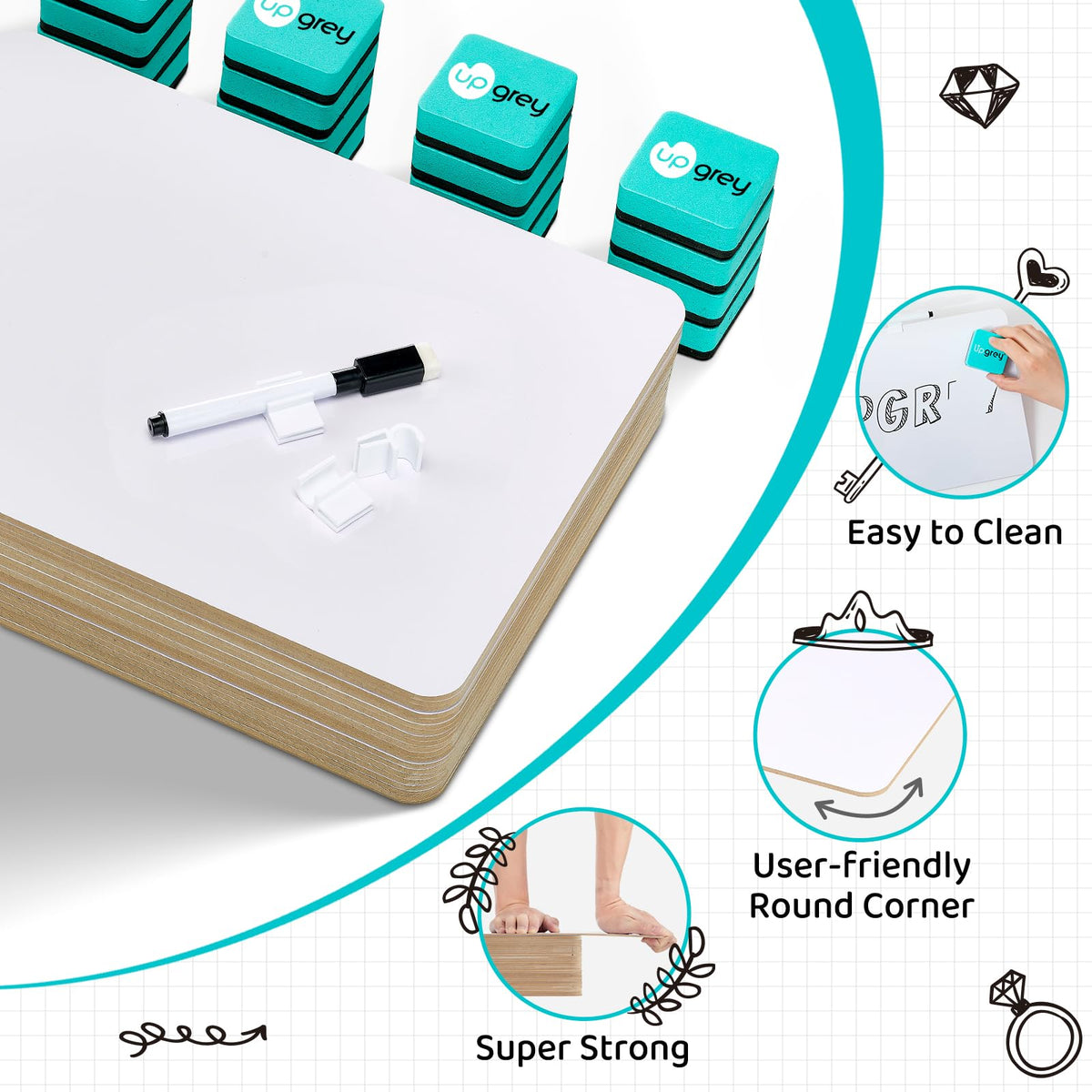 UPGREY Dry Erase Boards, Small Whiteboard 20 Pack 9"X12" Double-Sided Mini Whiteboards for Kids Lapboards with 24 Pens+24 Erasers+24 Pen Clips for Students, Teachers, Class, Office