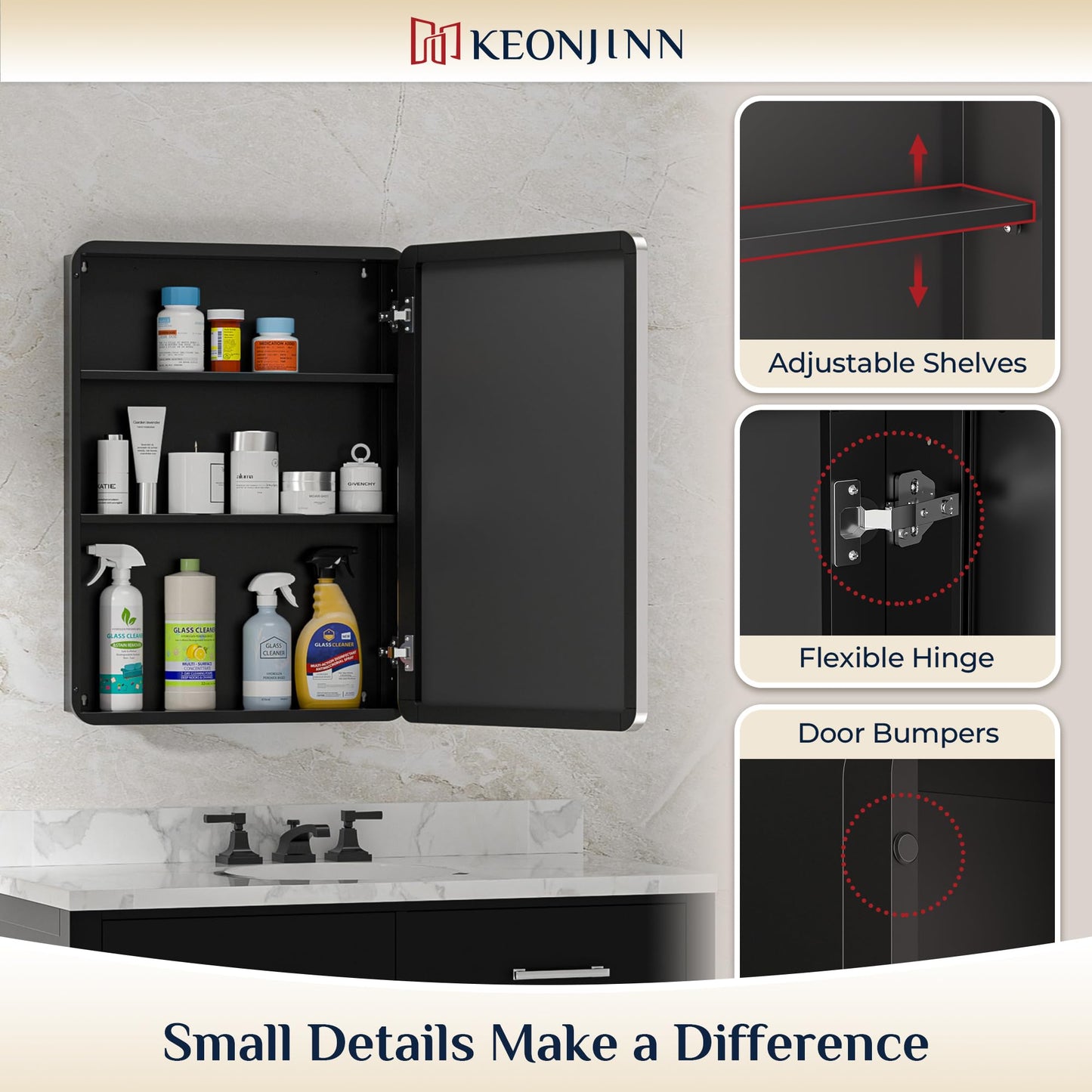Keonjinn Chrome Medicine Cabinet Mirror 16 x 24 Inch, Recessed Medicine Cabinet for Bathroom, Elegant Stainless Steel Framed, Stepless Adjustable Shelves, in Wall or Surface Mount, Soft Closing