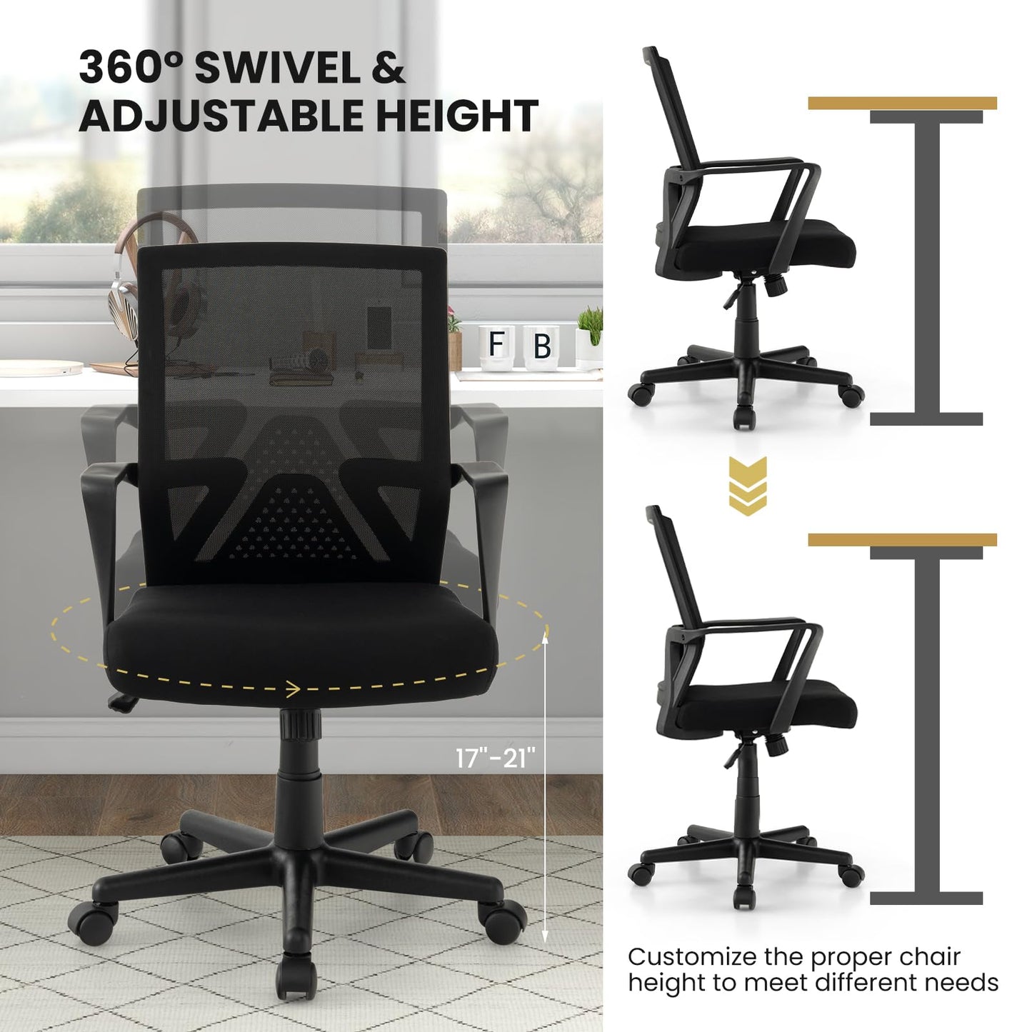 Giantex Office Desk Chair with Lumbar Support, Ergonomic Mesh Office Chair with Wheels and Armrests, Mid Back Rolling Swivel Adjustable Task Chair, Executive Computer Chair for Home Office, Black