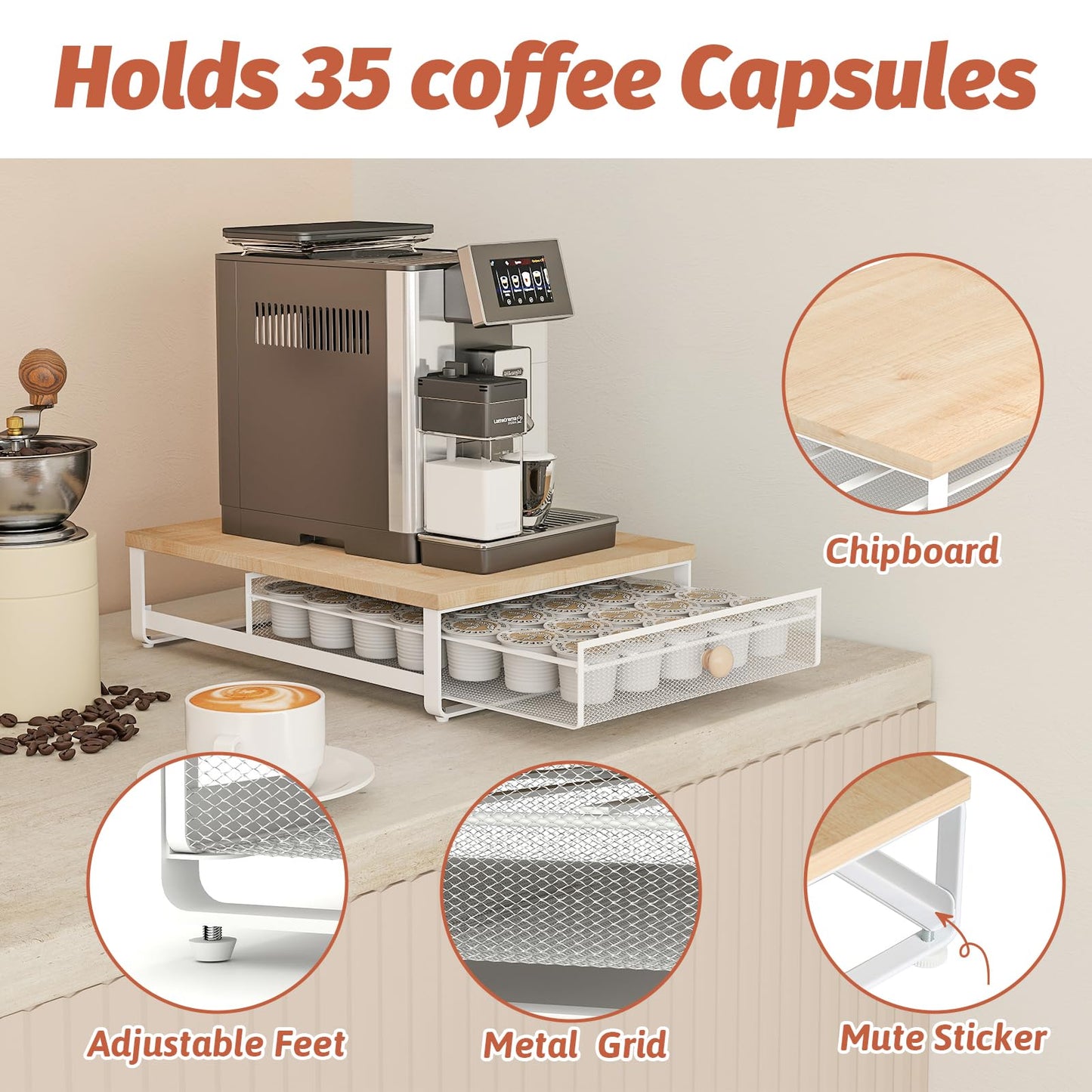 Sedegn Coffee Pod Holder Counter Coffee Vertuo Capsules Storage Organizer with Sliding Drawer Compatible For 35 K-Cup Pods No Assembly Needed Natural Colour