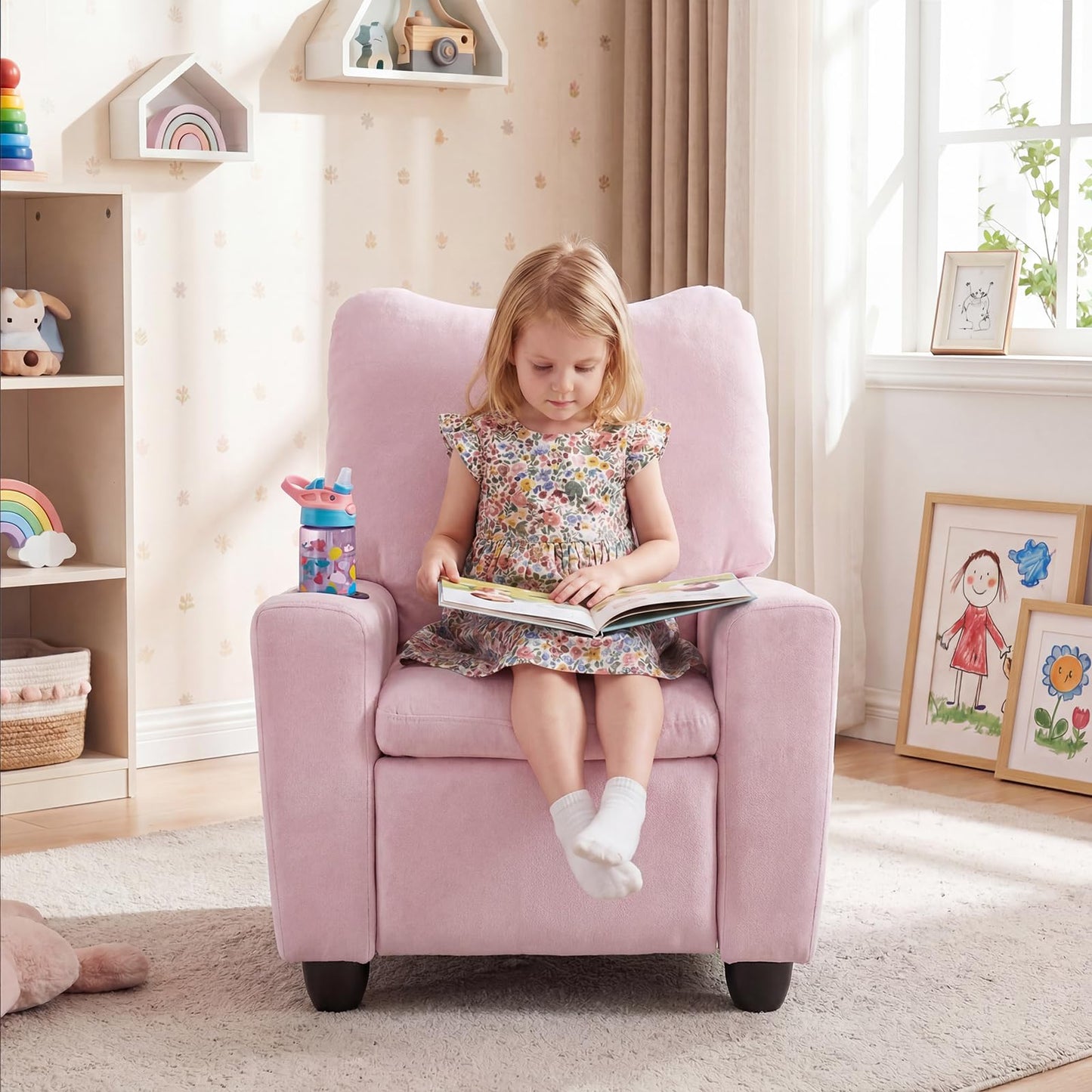 Costzon Kids Recliner Chair with Cup Holder, Toddler Adjustable Lounge Chair w/Footrest for Boys Girls Room, Ergonomic Baby Child Furniture Sofa for Age 3+ Gifts, Kids Mini Recliner up to 150 lbs
