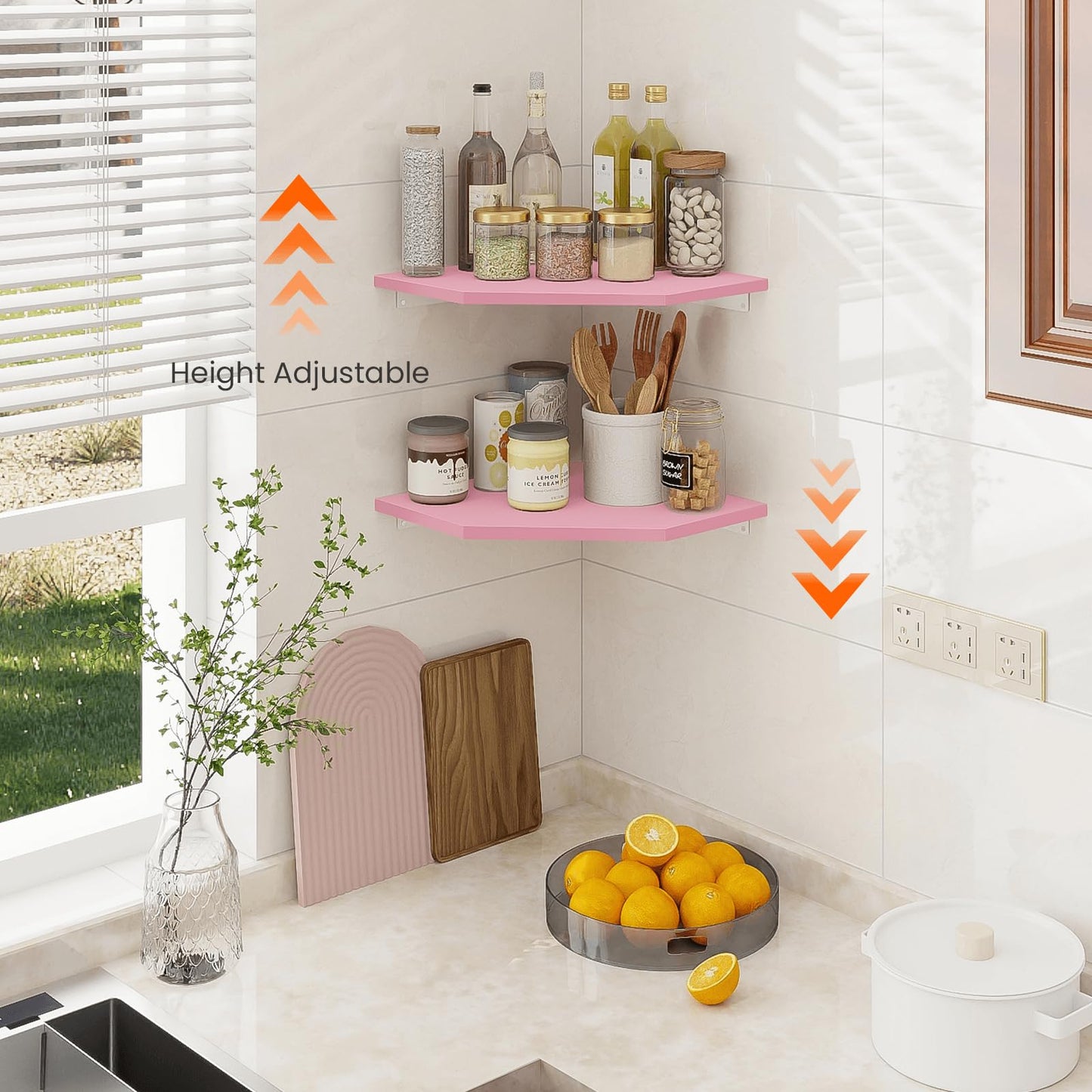 Homode Corner Floating Shelves, Corner Wall Shelf with Cord Hole, 2 Tier Wood Hanging Corner Shelf for Bathroom, Bedroom, Living Room, Pink