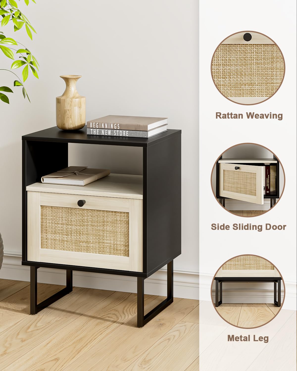 Apetaccat Rattan Nightstand, Boho Night Stand Farmhouse Wood Bedside Table with Storage and Open Shelf, End Side Accent Table for Bedroom,Living Room,Black and Oak